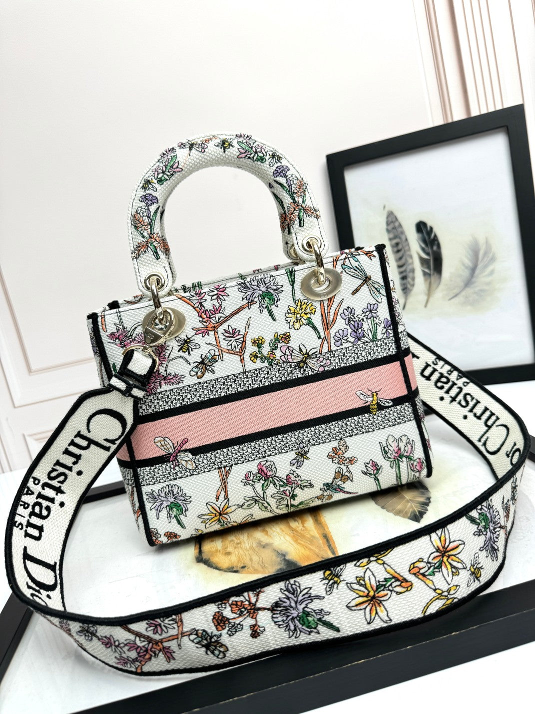 Dior Elegant Floral Embroidered Canvas Handbag with Shoulder Strap