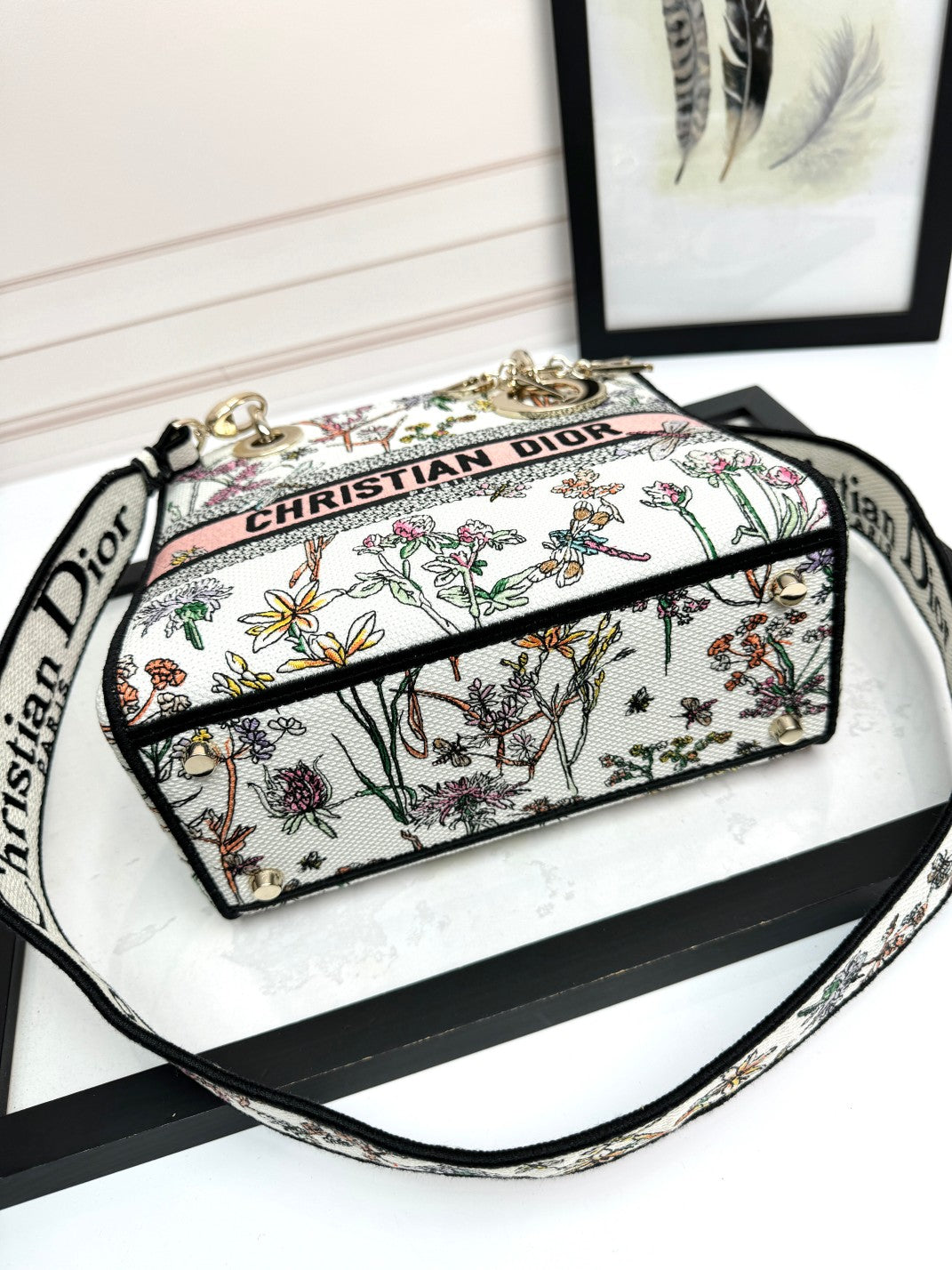 Dior Elegant Floral Embroidered Canvas Handbag with Shoulder Strap