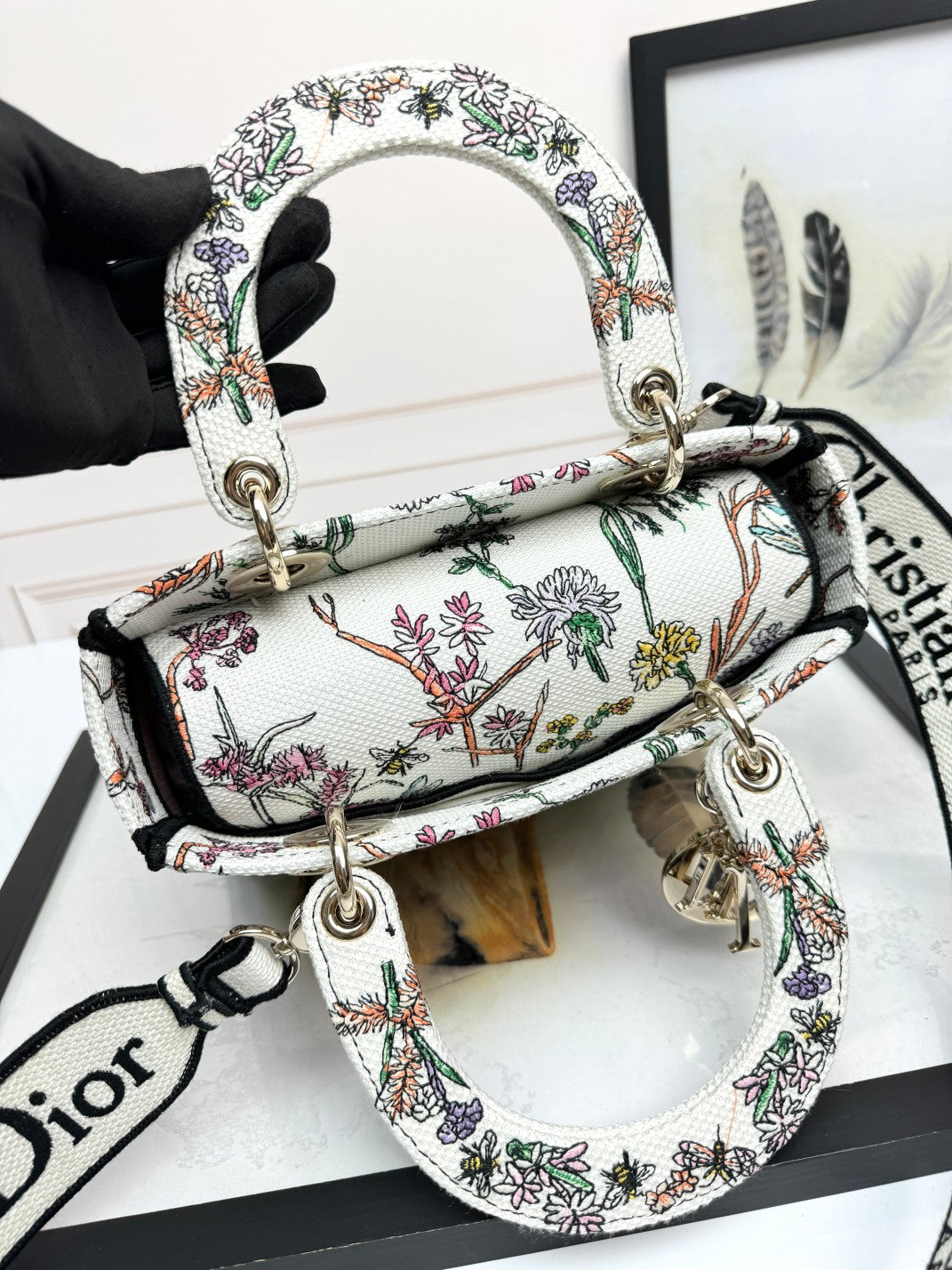 Dior Vintage Floral Embroidered Canvas Handbag with Shoulder Strap
