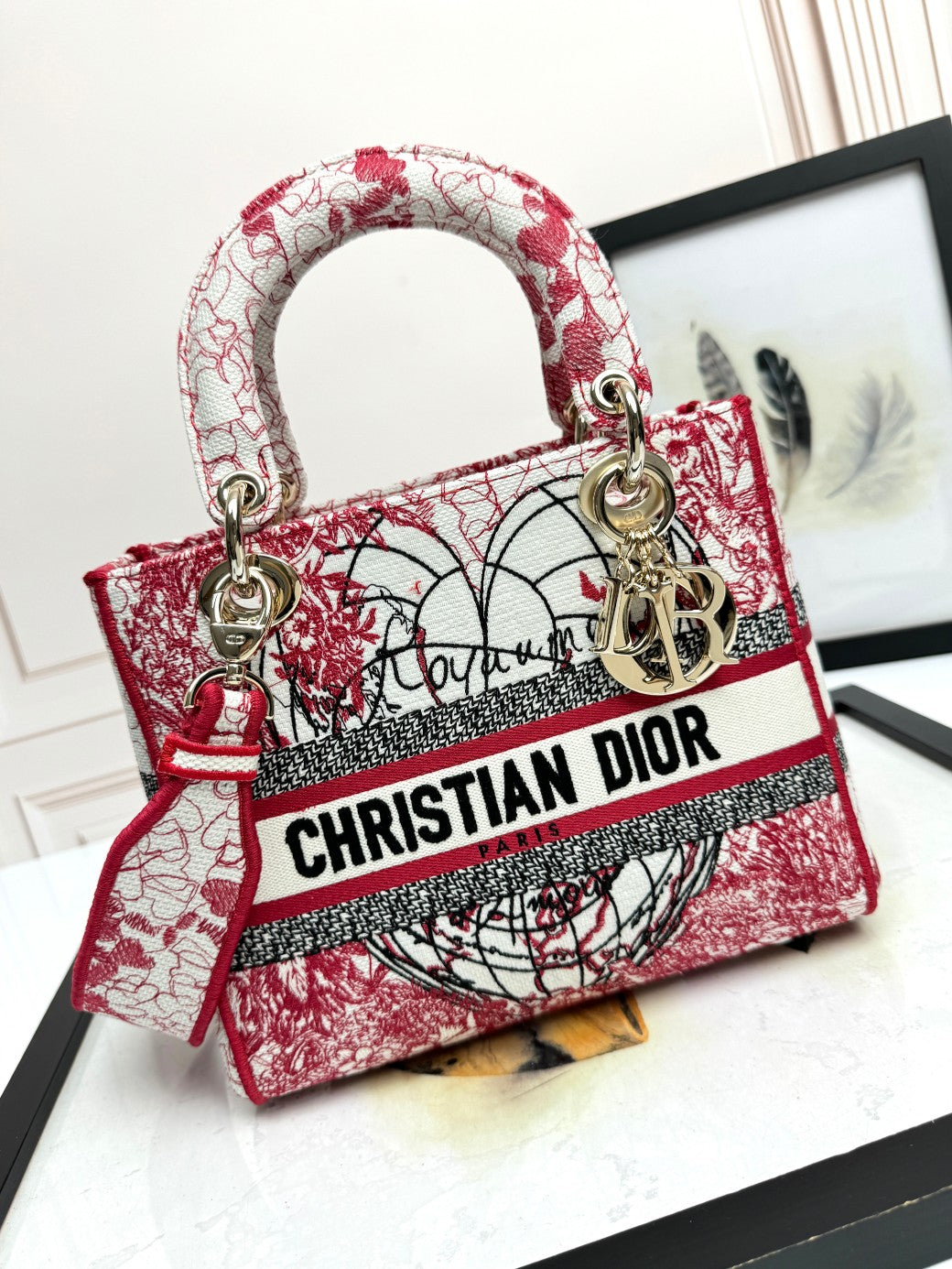 Christian Dior Medium Lady Dior Bag - Red and White Toile de Jouy Embroidery