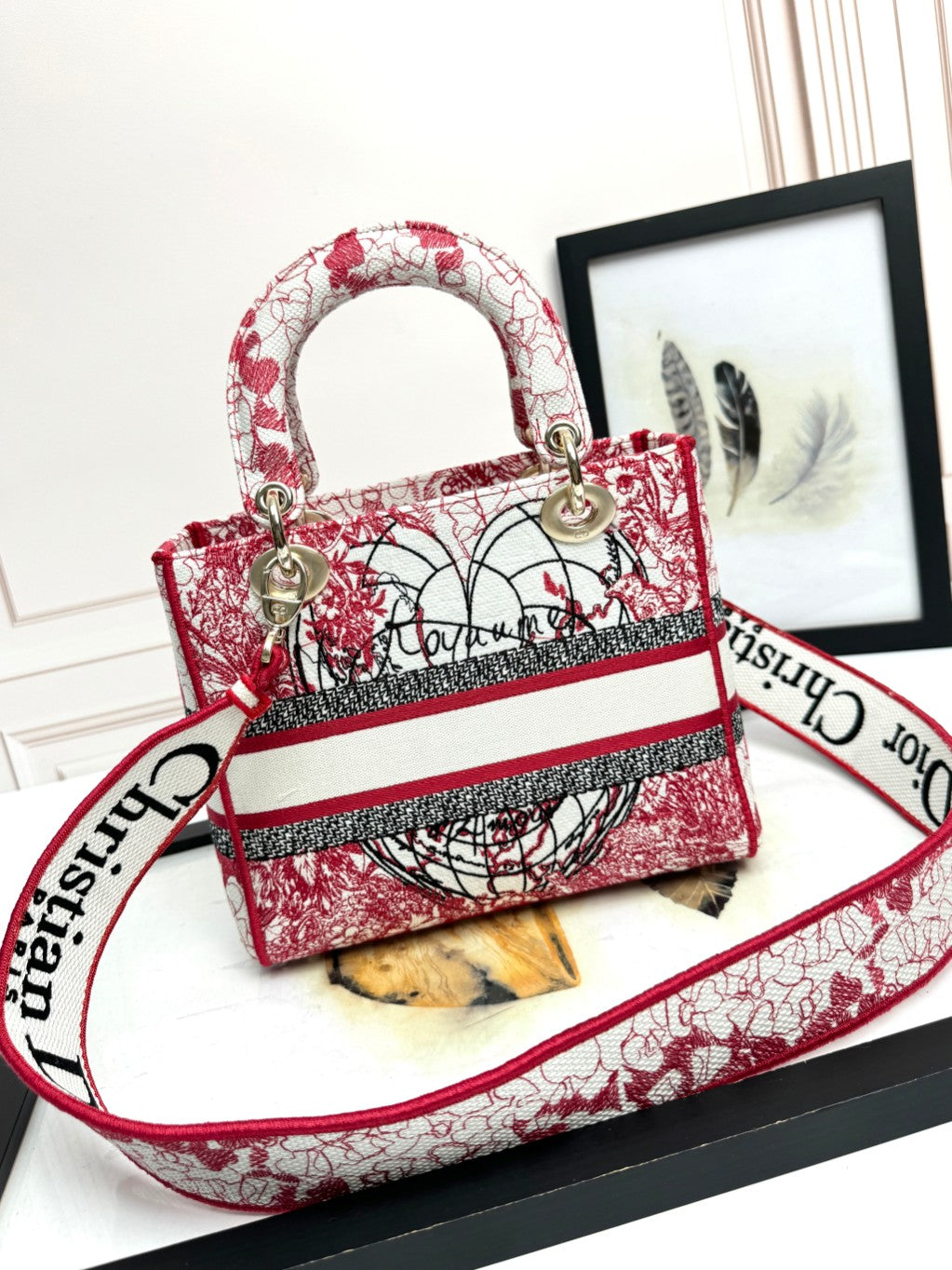 Dior Red and White Embroidered Floral Canvas Top Handle Handbag