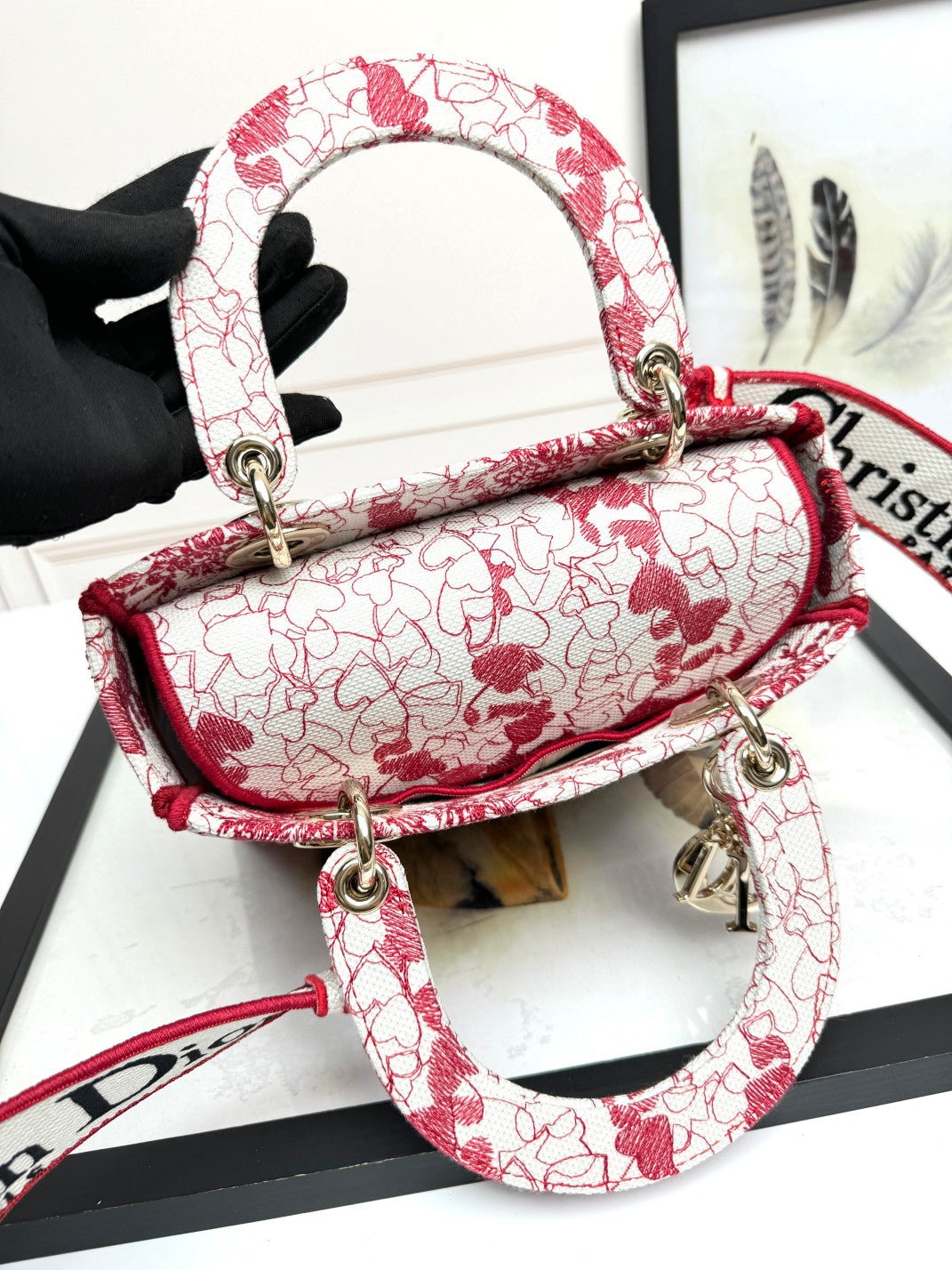 Dior Red and White Embroidered Floral Canvas Top Handle Handbag