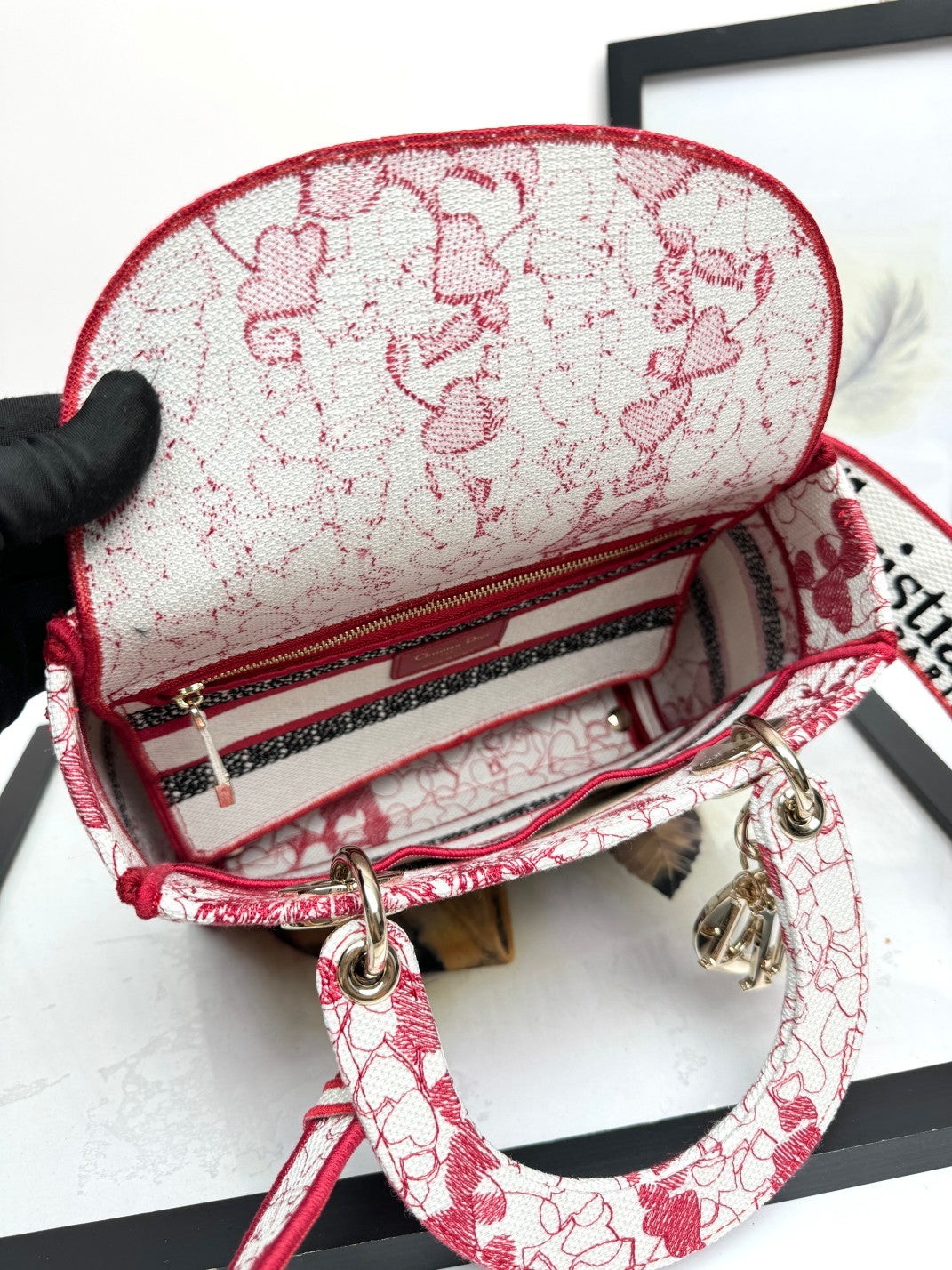 Dior Red and White Embroidered Floral Canvas Top Handle Handbag
