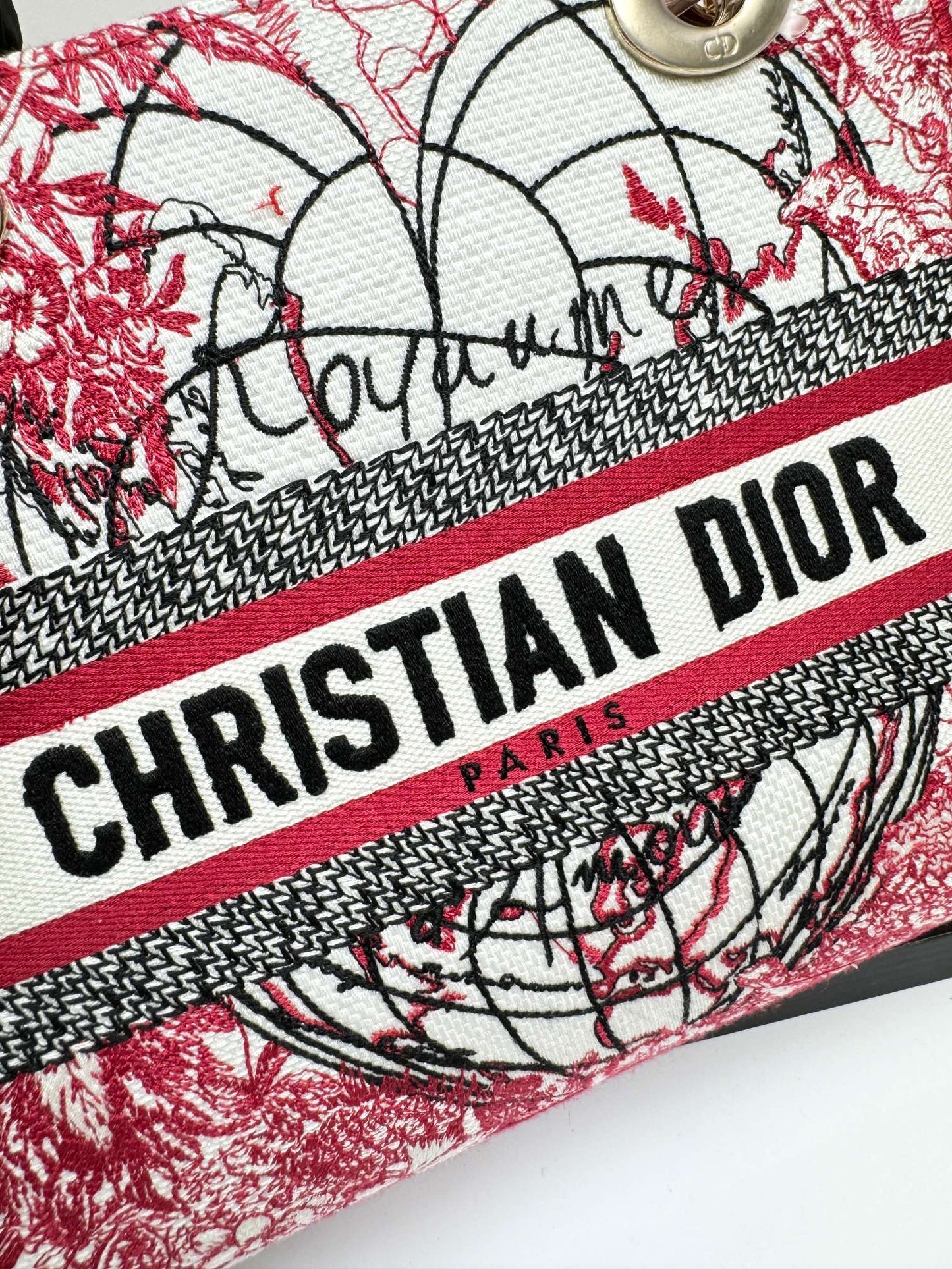 Dior Red Floral Embroidered Canvas Top Handle Satchel Handbag