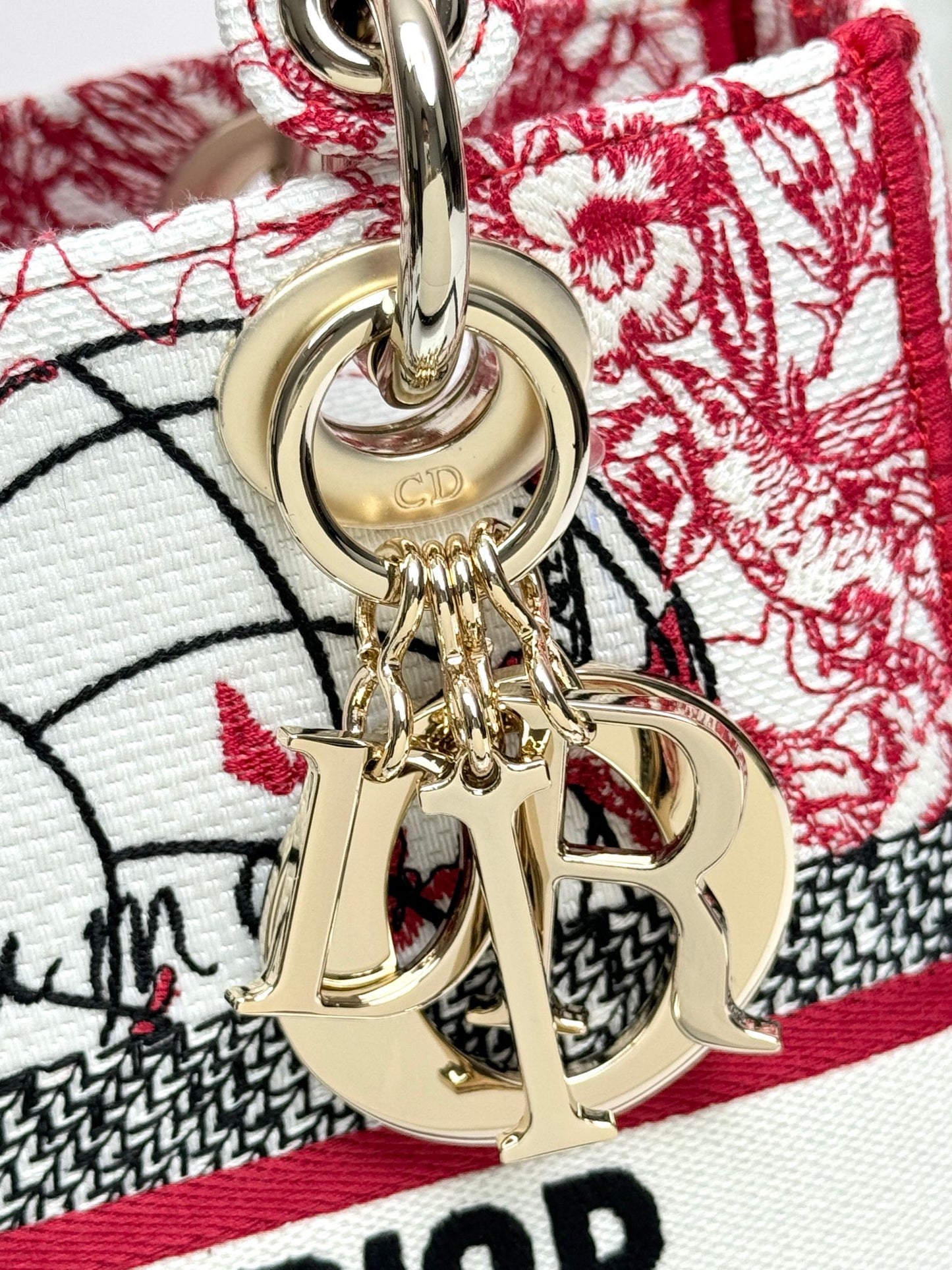 Dior Red and White Embroidered Floral Canvas Top Handle Handbag