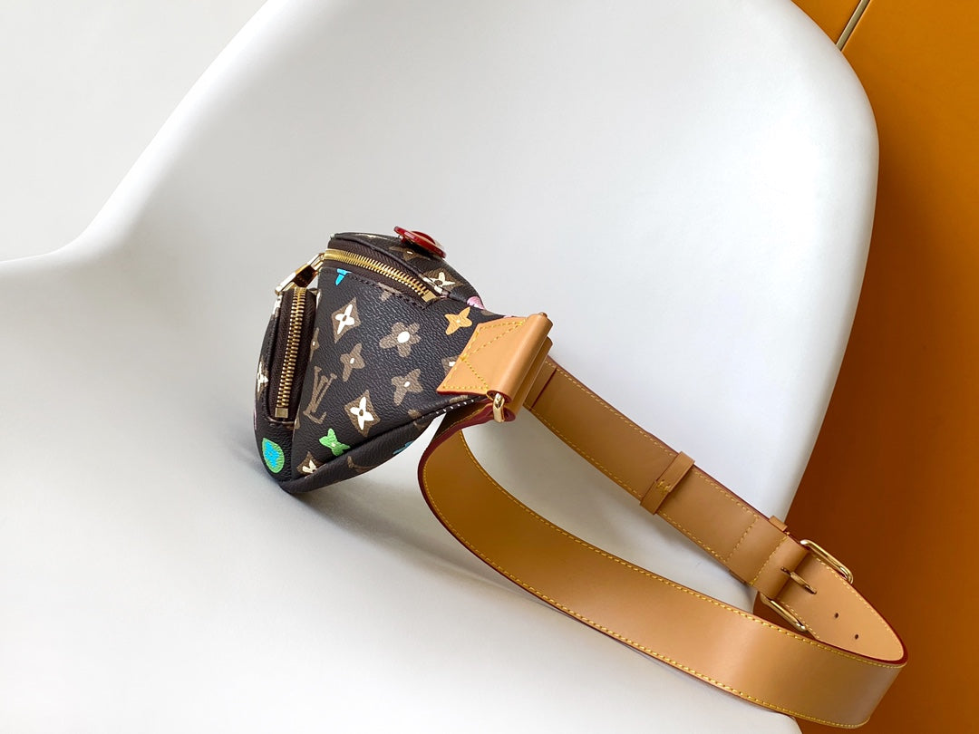 Louis Vuitton Luxury Brown Monogram Waist Bag with Colorful Flower Patterns