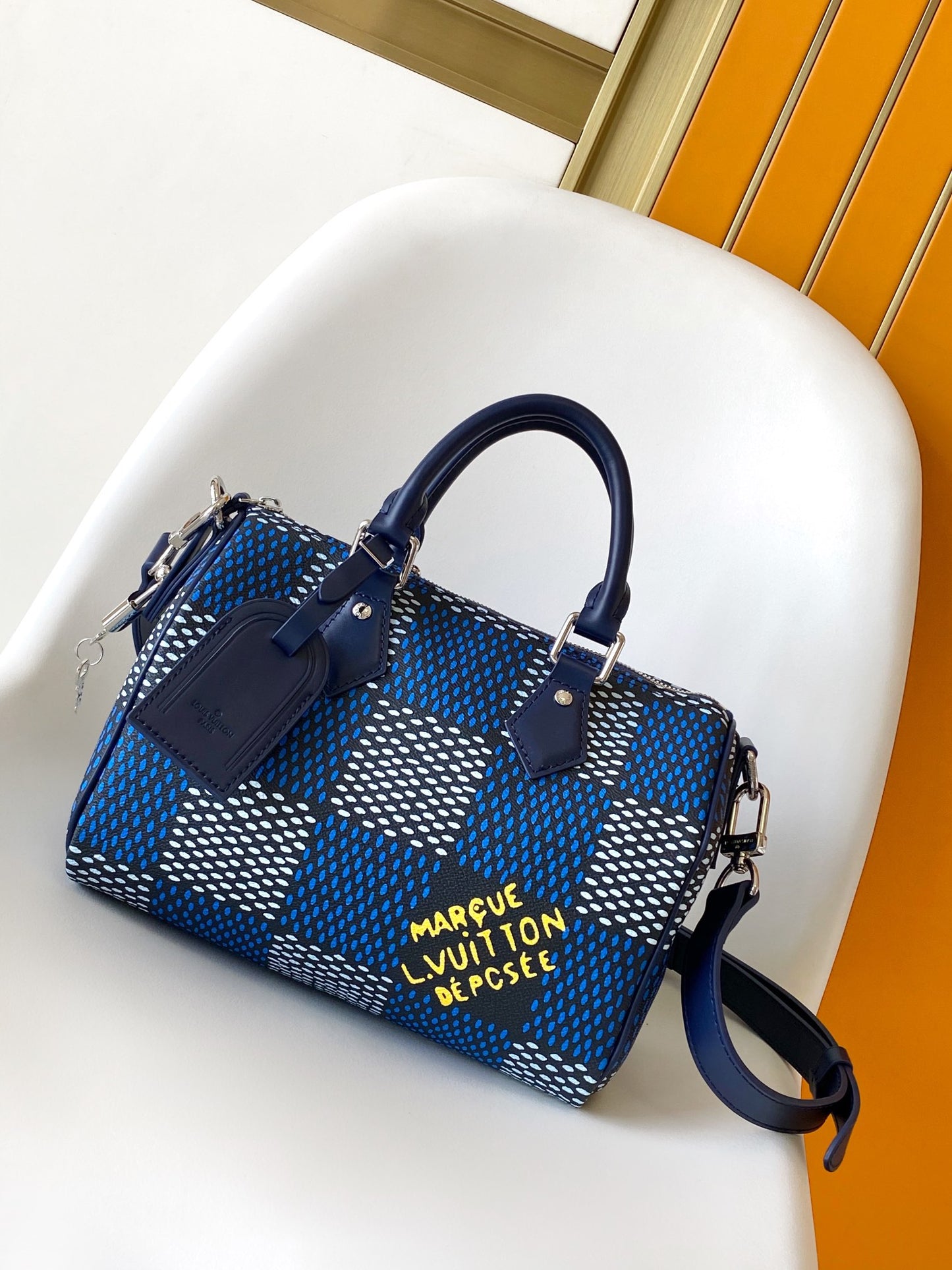 Louis Vuitton Navy Blue Checkered Top Handle Crossbody Boston Handbag