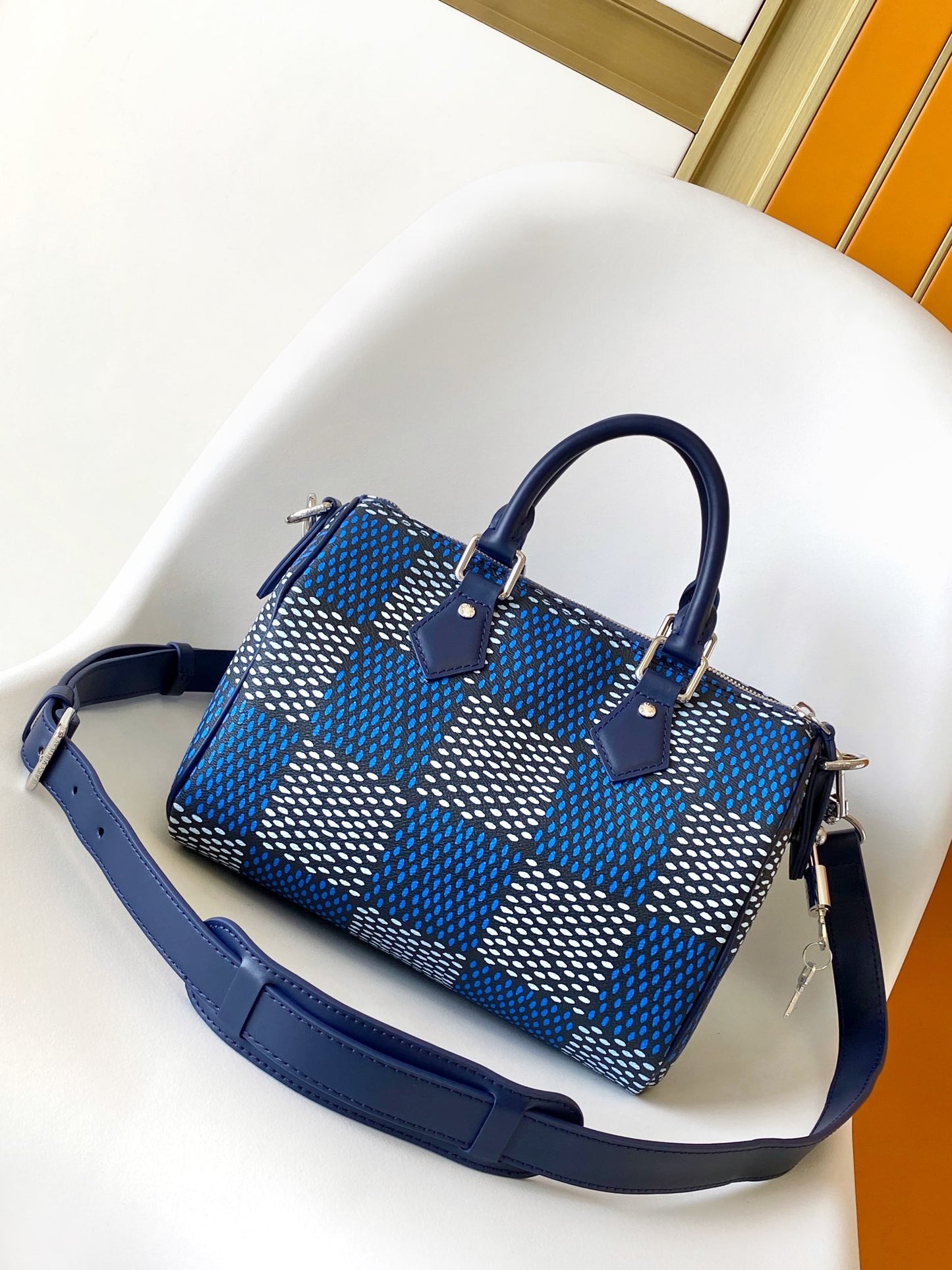 Louis Vuitton Navy Blue Checkered Top Handle Crossbody Boston Handbag