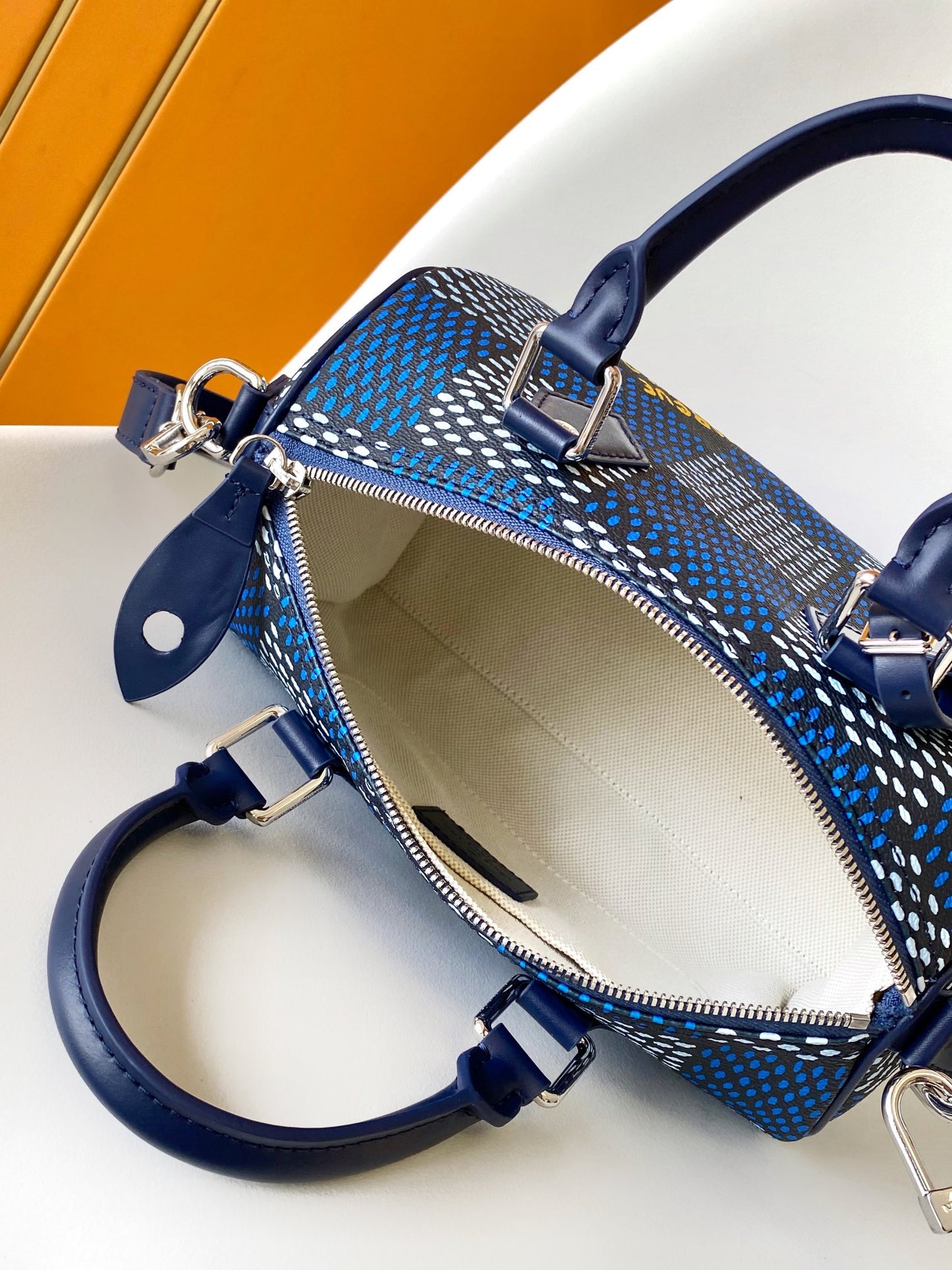 Louis Vuitton Navy Blue Checkered Top Handle Crossbody Boston Handbag