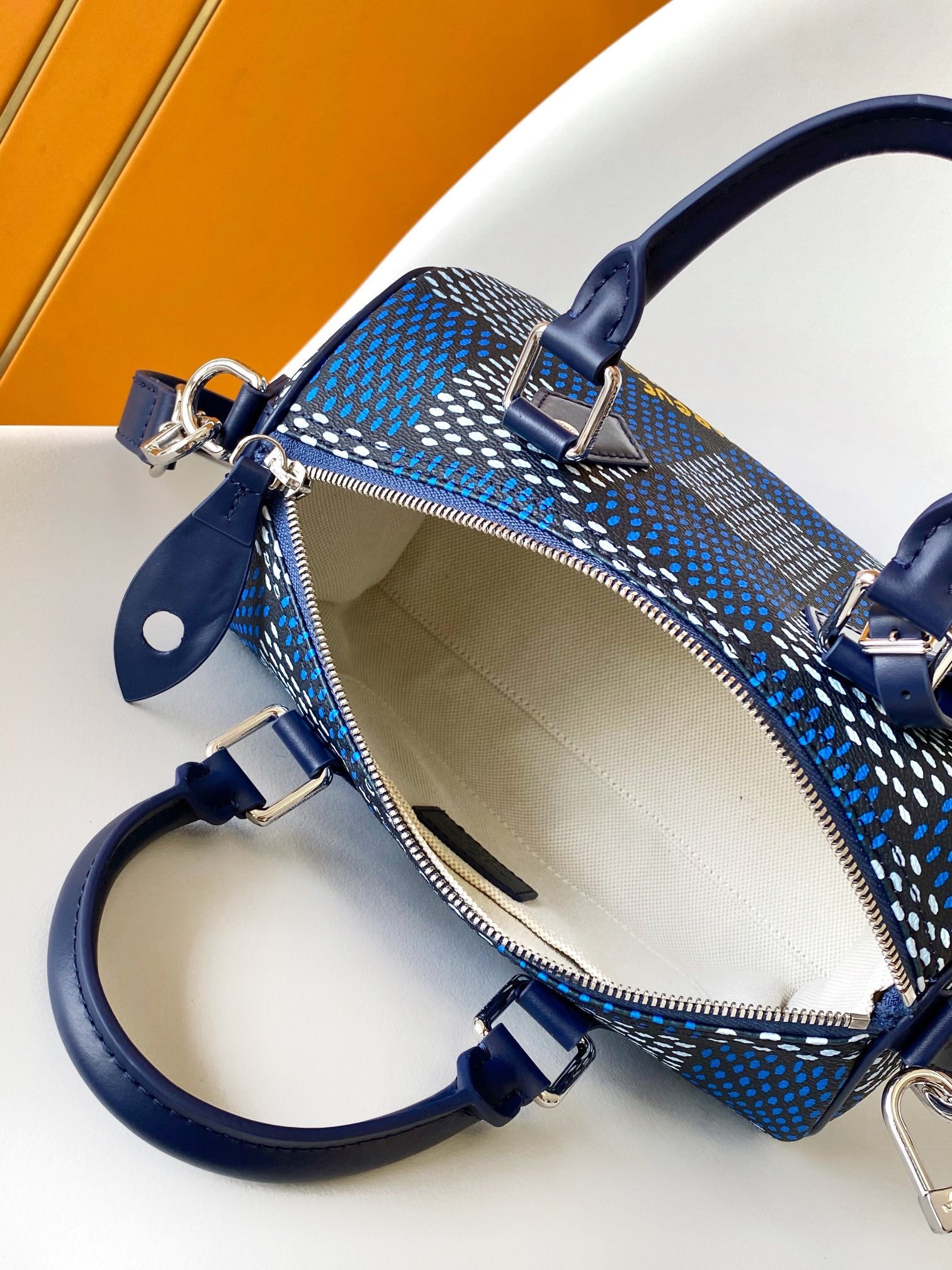 Louis Vuitton Navy Blue Checkered Top Handle Crossbody Boston Handbag