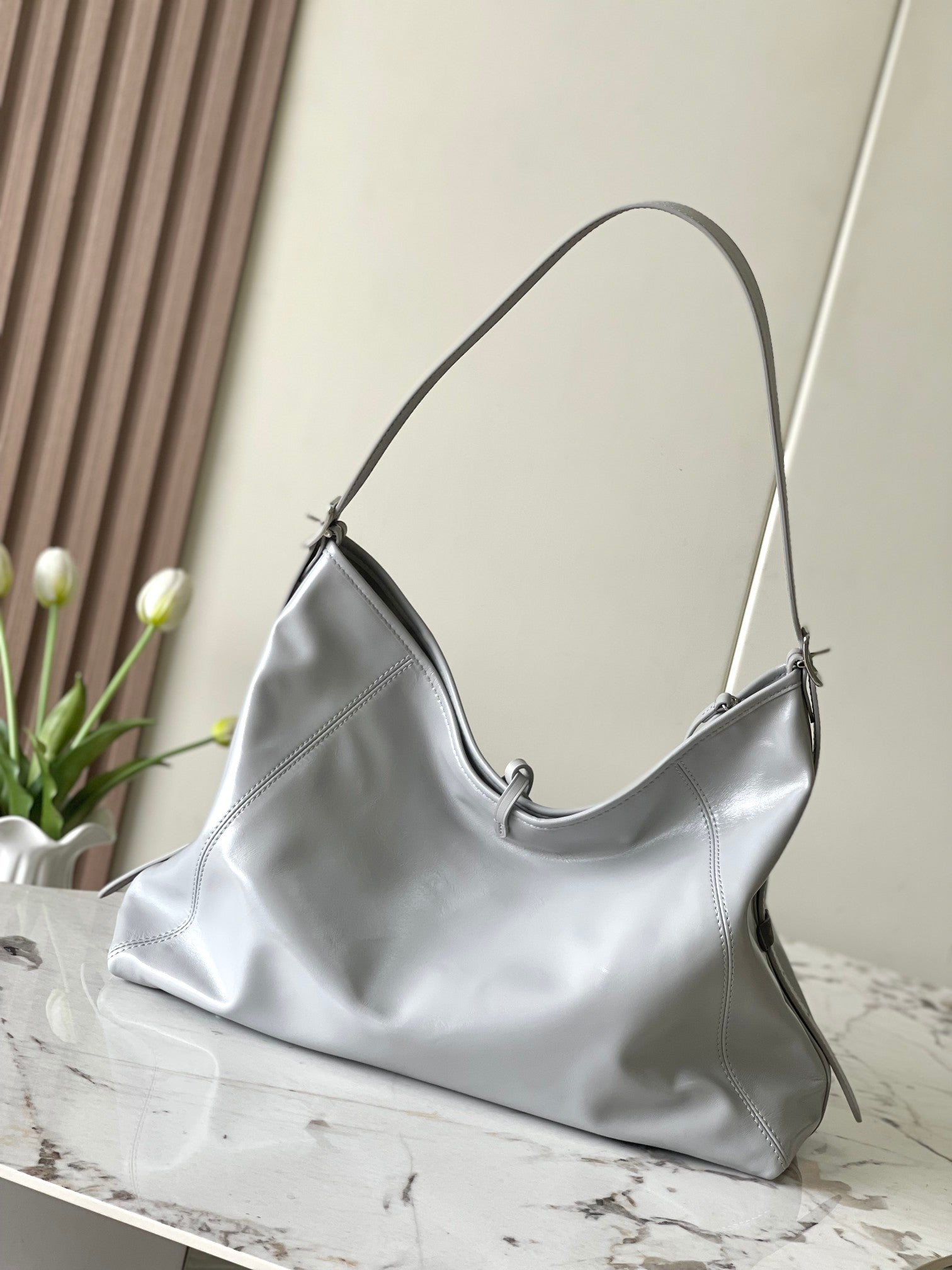 Louis Vuitton Grey Leather Hobo Bag with Bow Detail Women's Shoulder Handbag