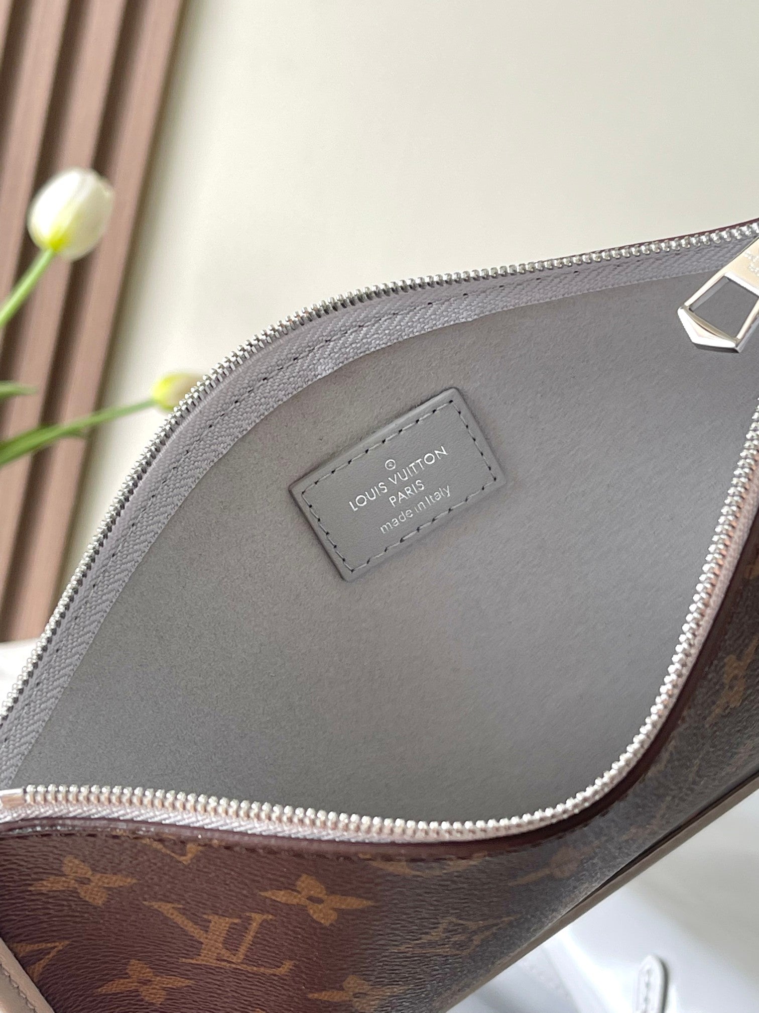 Louis Vuitton Grey Leather Hobo Bag with Monogram Charm
