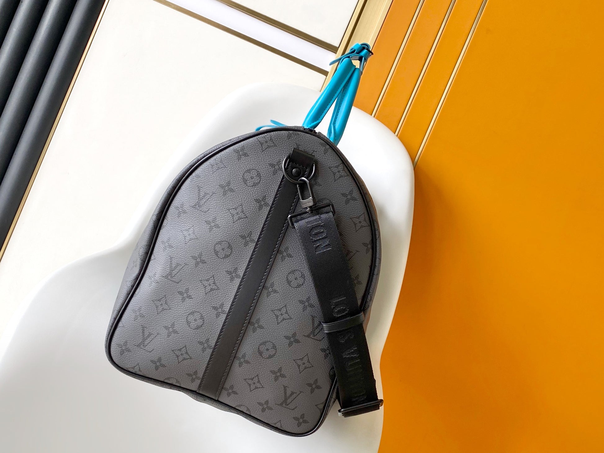 Louis Vuitton Grey Monogram Weekender Duffle Bag with Turquoise Leather Trim