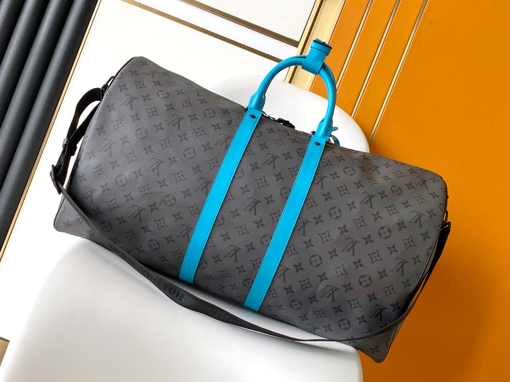 Louis Vuitton Grey Monogram Weekender Duffle Bag with Turquoise Leather Trim
