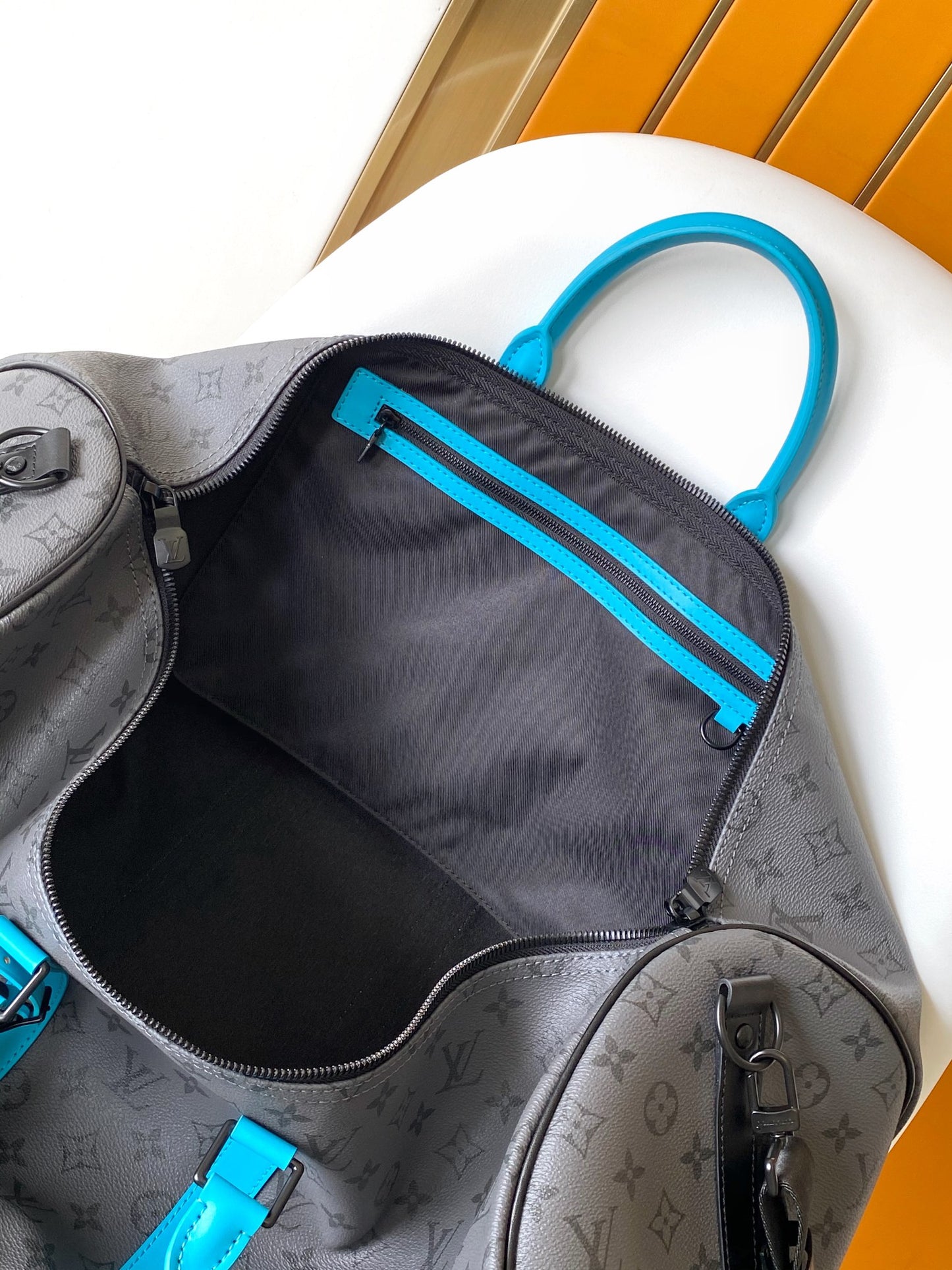 Louis Vuitton Grey Monogram Weekender Duffle Bag with Turquoise Leather Trim