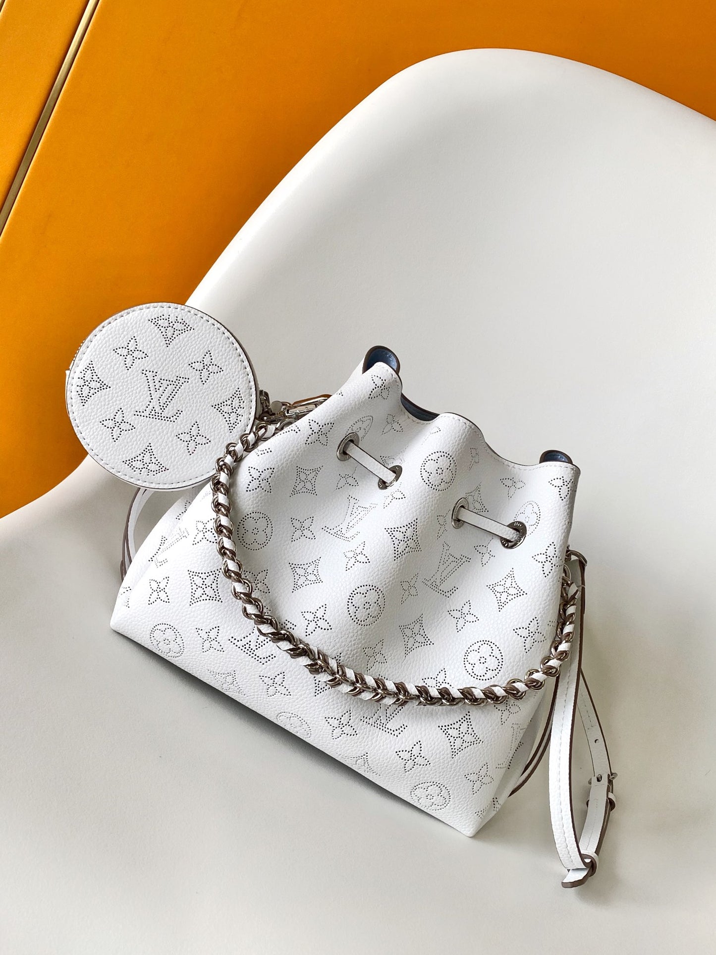 Louis Vuitton White and Blue Monogram Leather Drawstring Bucket Bag with Chain