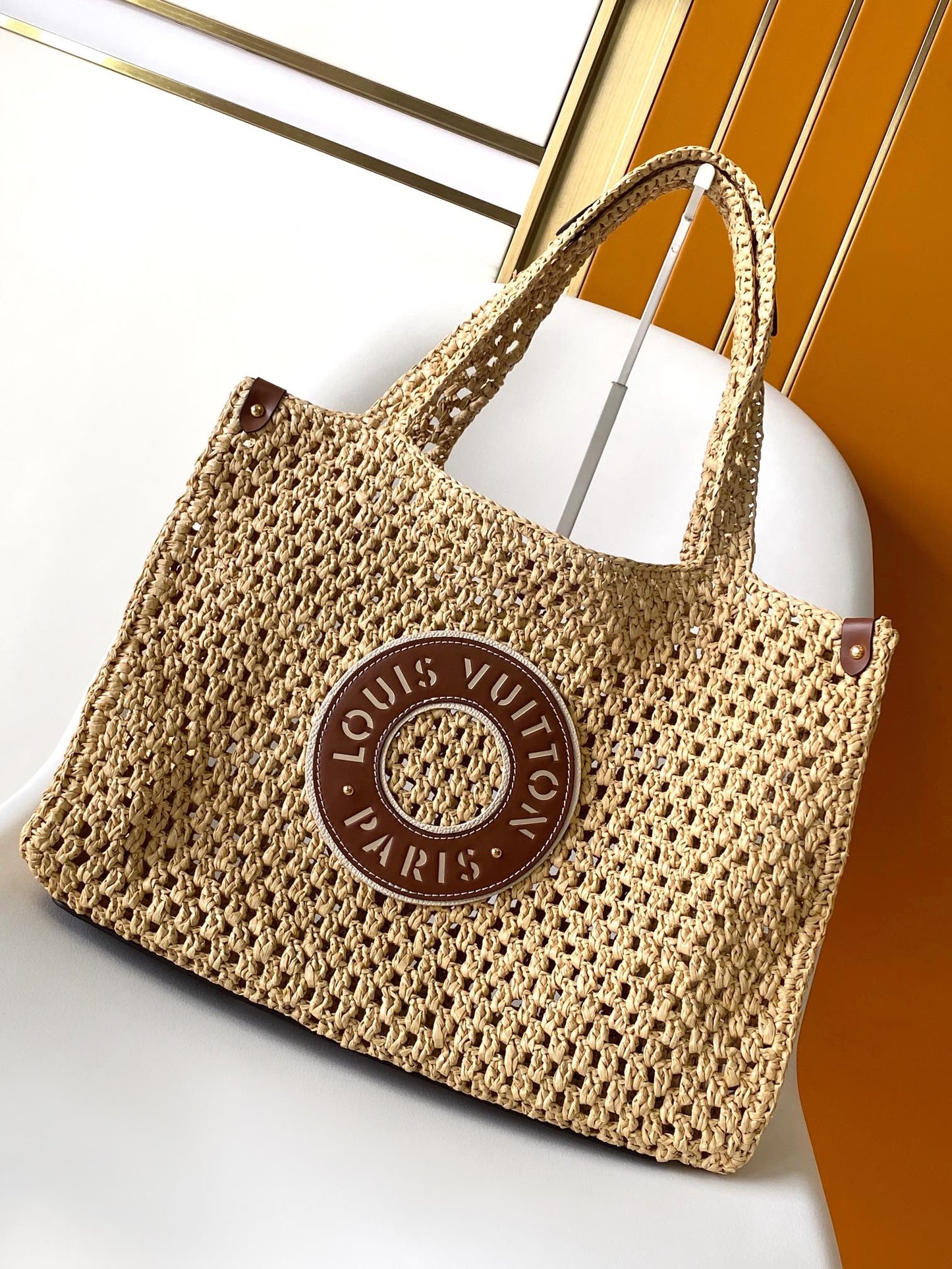 Louis Vuitton Beige Crochet Straw Tote Bag with Circular Patch Top Handle Handbag