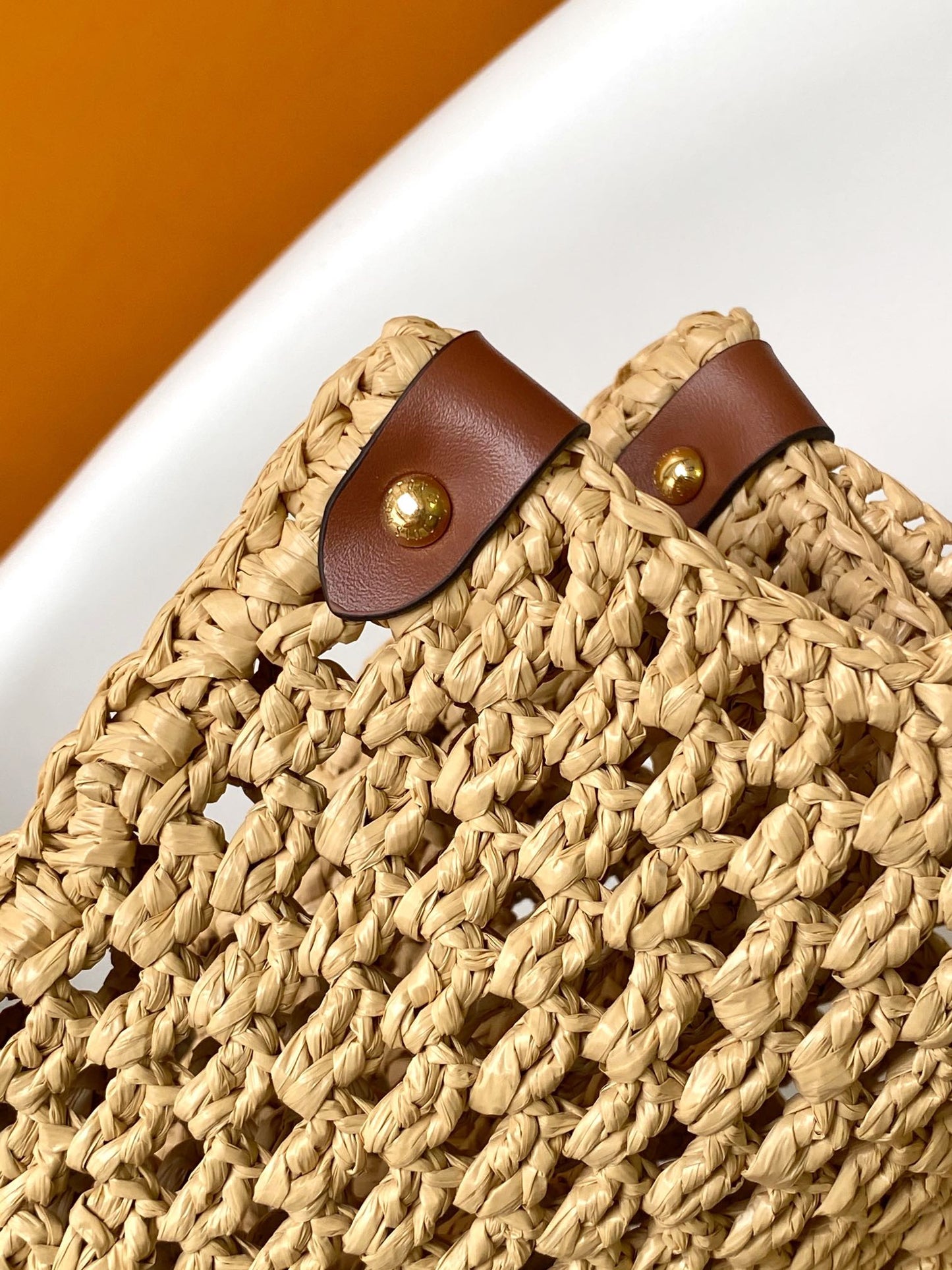 Louis Vuitton Beige Crochet Straw Tote Bag with Circular Patch Top Handle Handbag