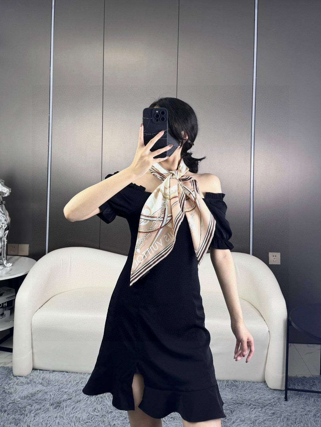 Women's Large Square Silk Satin Scarf - Elegant Champagne and White Patterned Fashion Shawl, Hair Wrap, and Neck Accessory