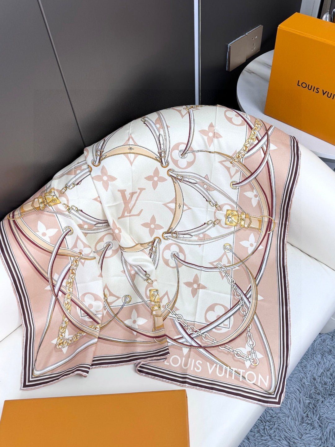 Women's Large Square Silk Satin Scarf - Elegant Champagne and White Patterned Fashion Shawl, Hair Wrap, and Neck Accessory