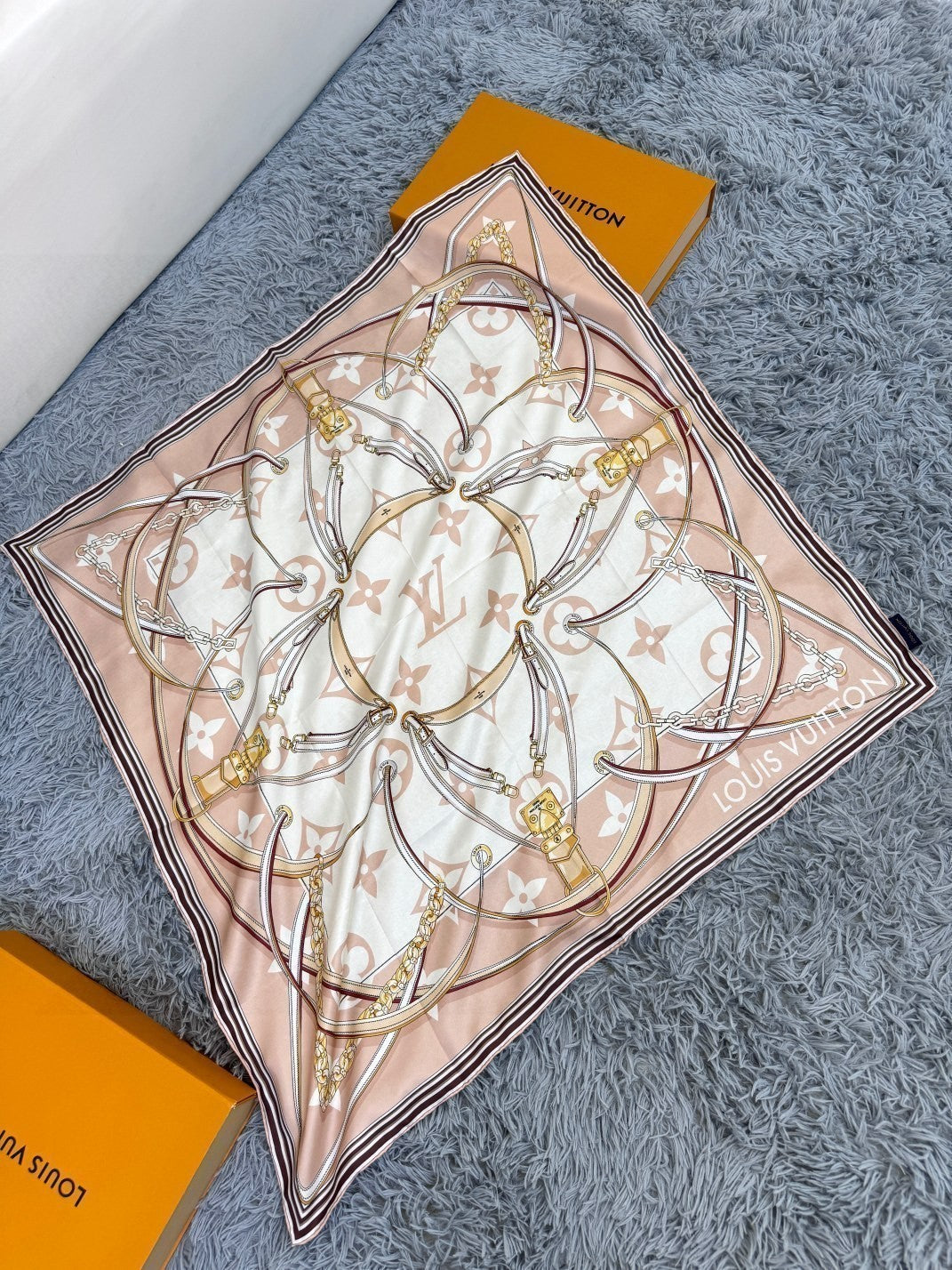 Women's Large Square Silk Satin Scarf - Elegant Champagne and White Patterned Fashion Shawl, Hair Wrap, and Neck Accessory