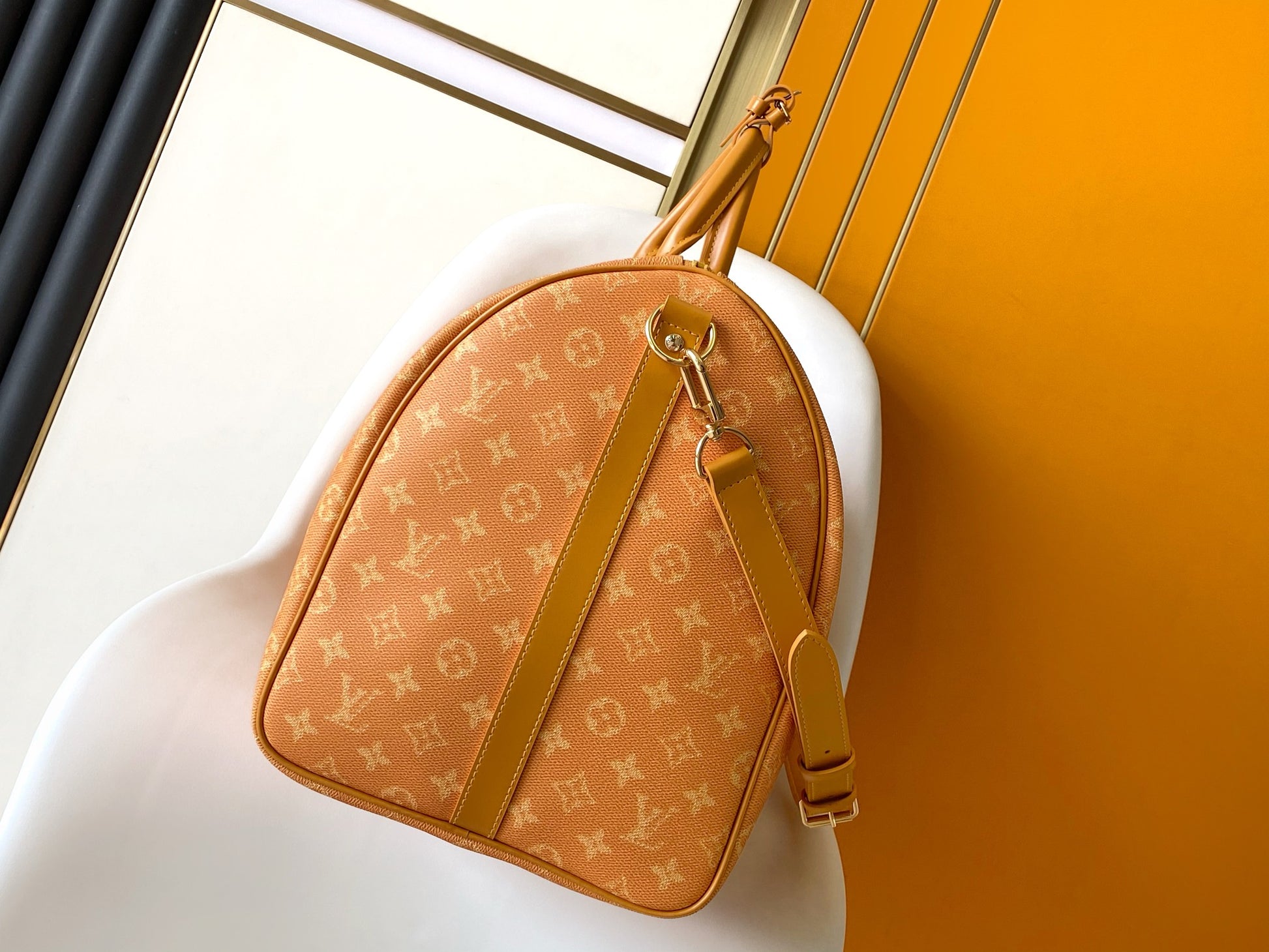 Louis Vuitton Mustard Yellow Monogram Luxury Travel Duffle Bag with Shoulder Strap