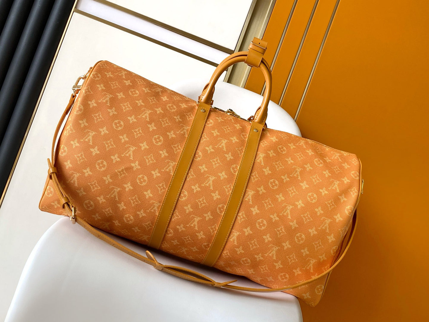 Louis Vuitton Mustard Yellow Monogram Luxury Travel Duffle Bag with Shoulder Strap