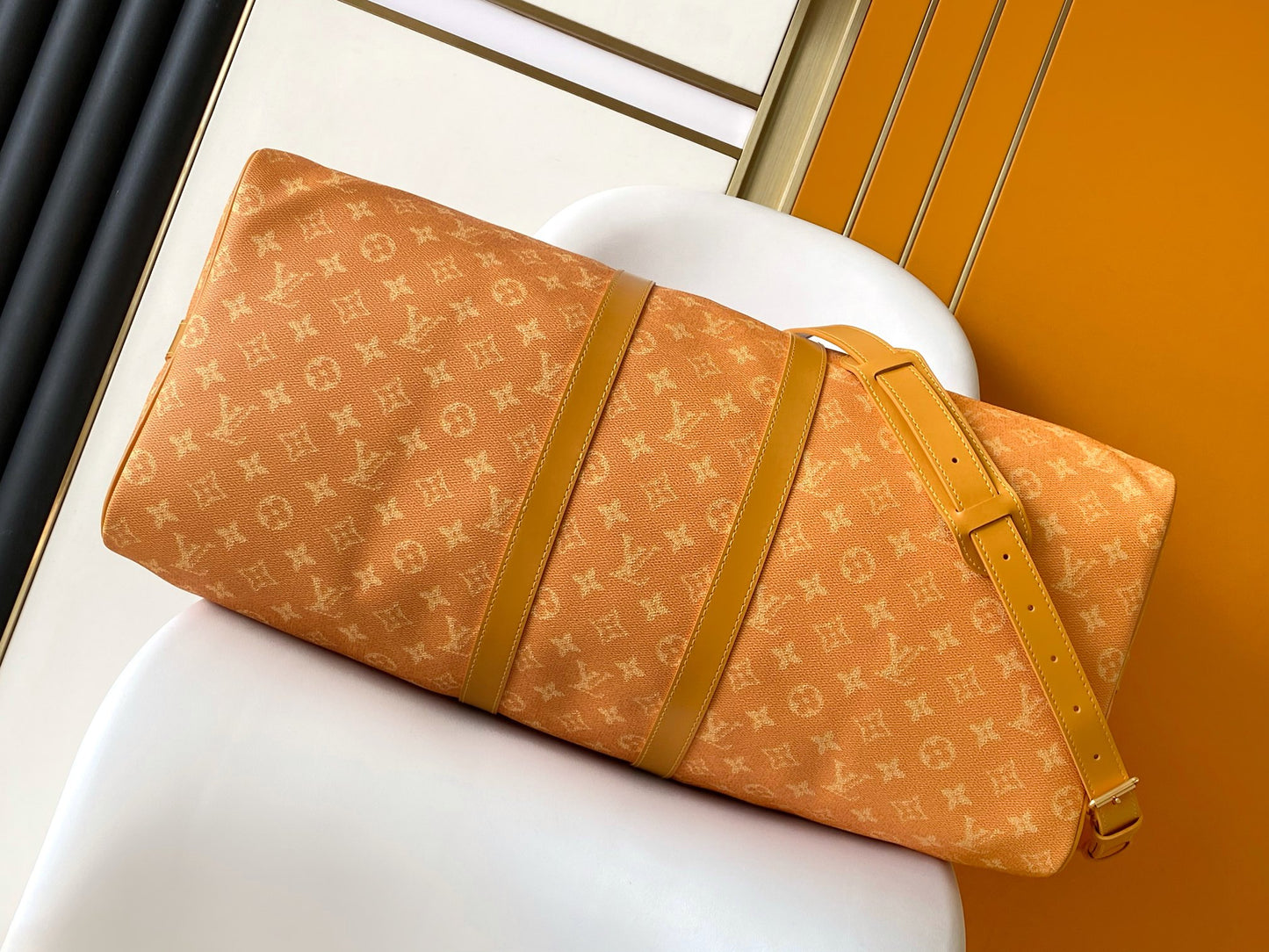 Louis Vuitton Mustard Yellow Monogram Luxury Travel Duffle Bag with Shoulder Strap