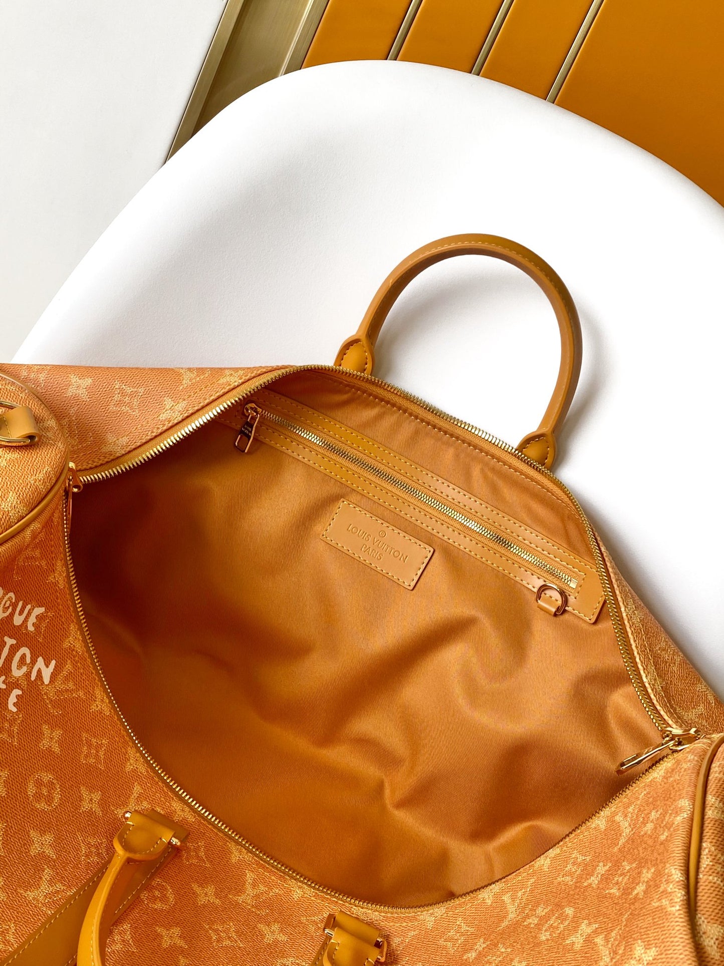 Louis Vuitton Mustard Yellow Monogram Luxury Travel Duffle Bag with Shoulder Strap
