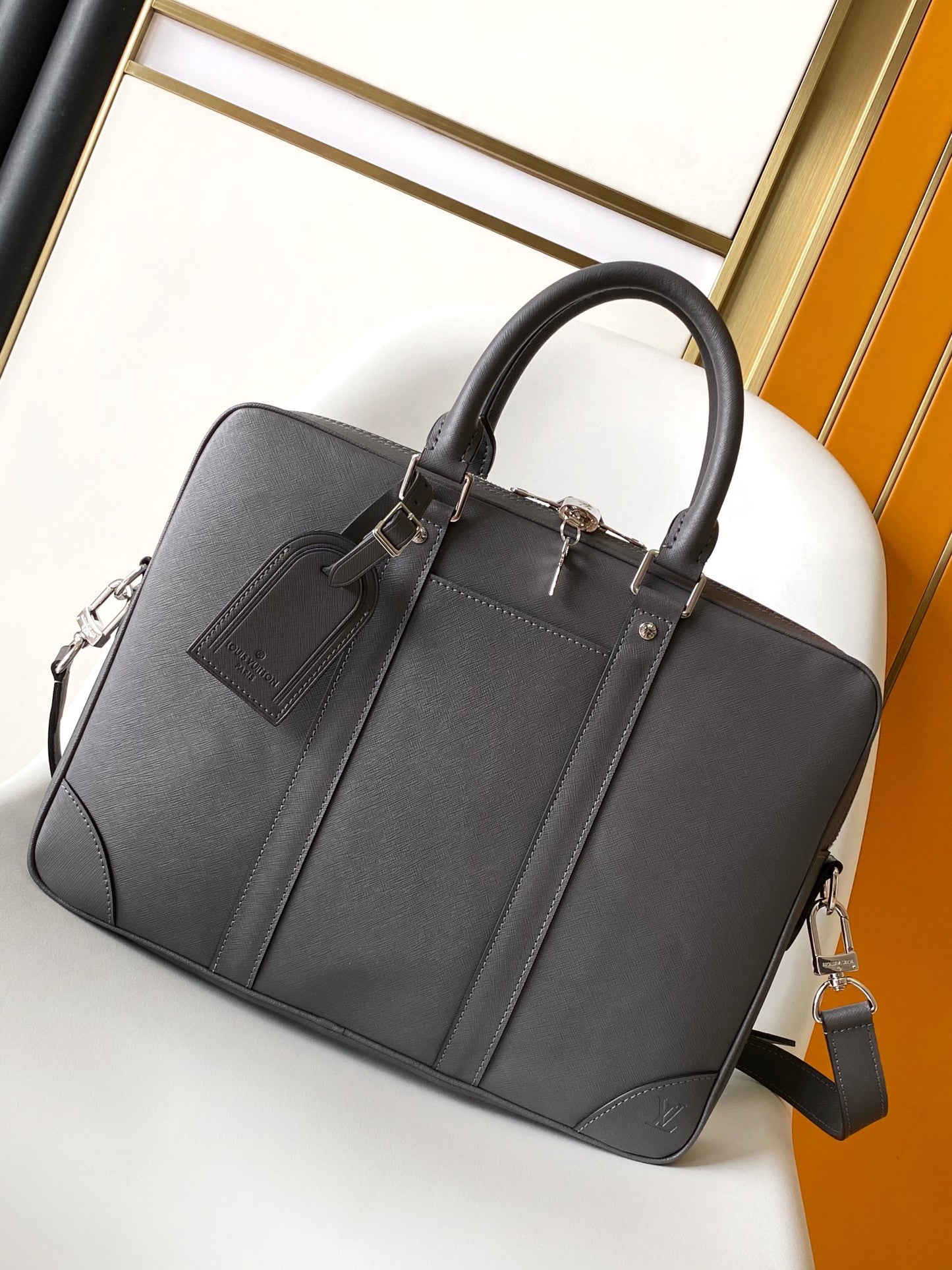 Louis Vuitton Professional Grey Leather Laptop Briefcase with Shoulder Strap