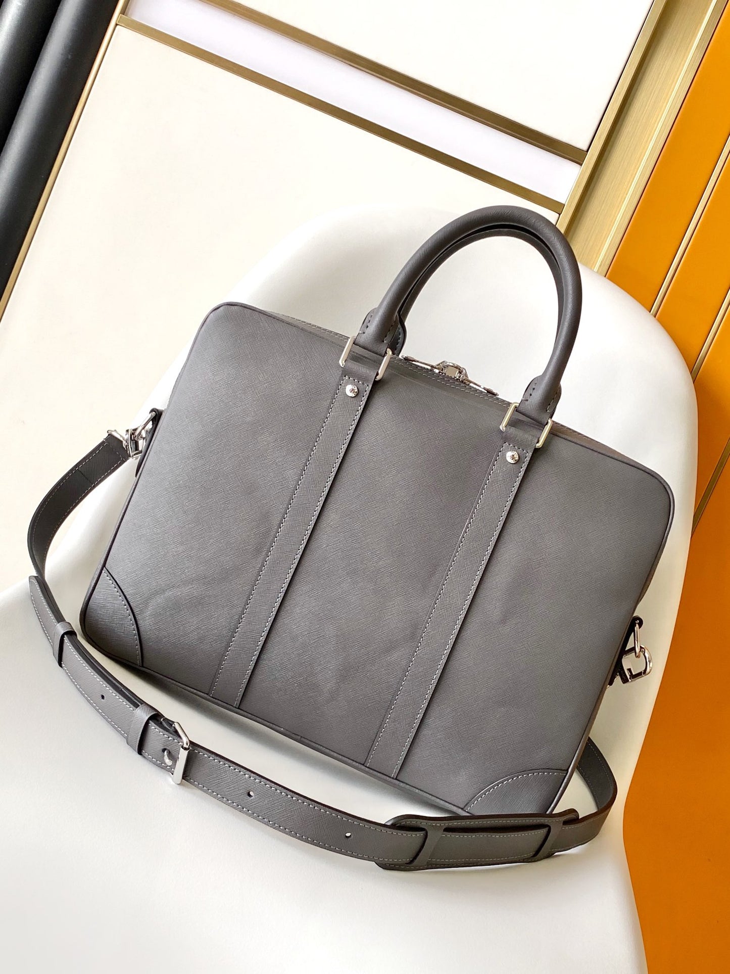 Louis Vuitton Professional Grey Leather Laptop Briefcase with Shoulder Strap
