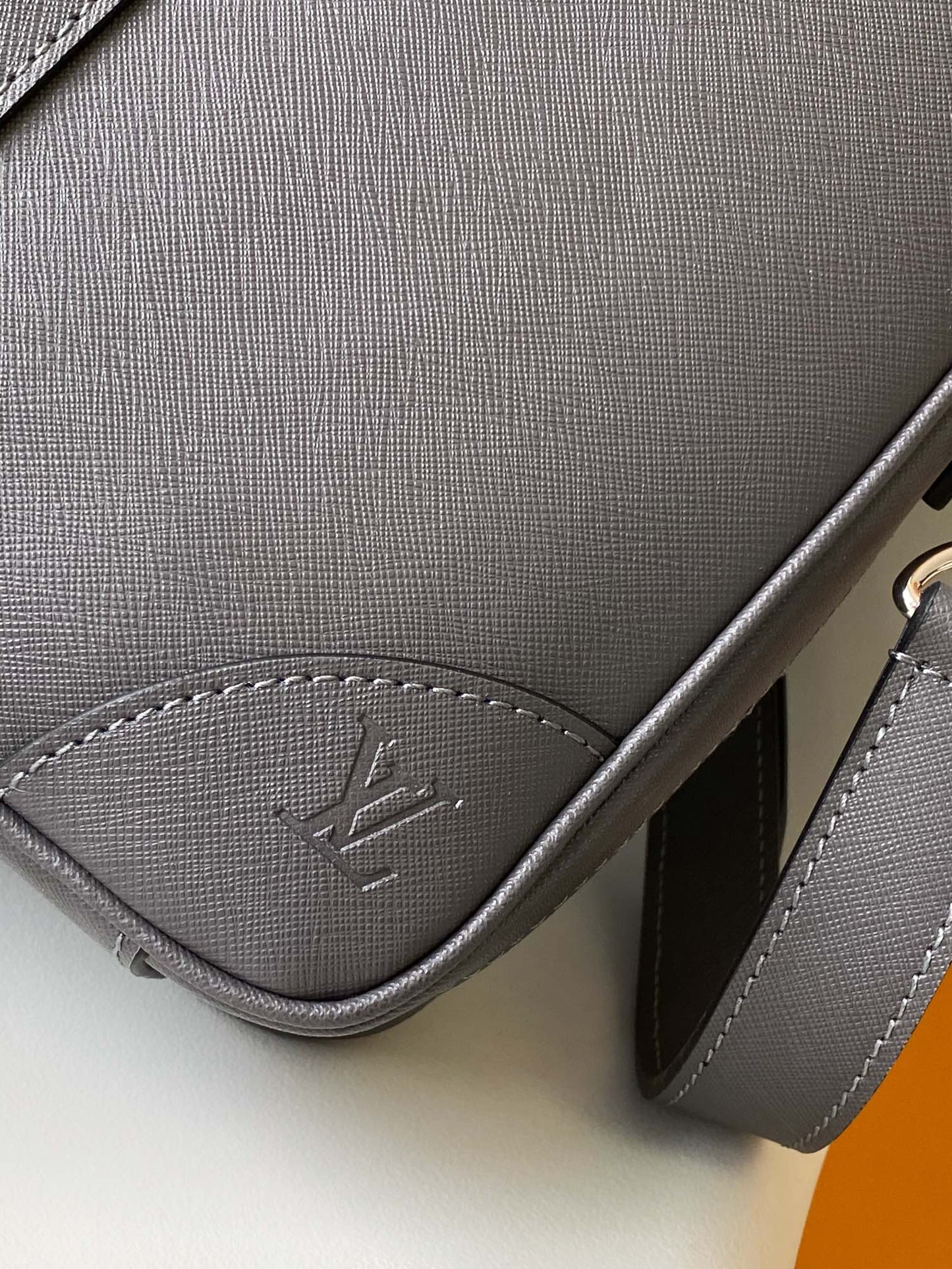Premium Grey Leather Briefcase Slim Laptop Bag with Shoulder Strap