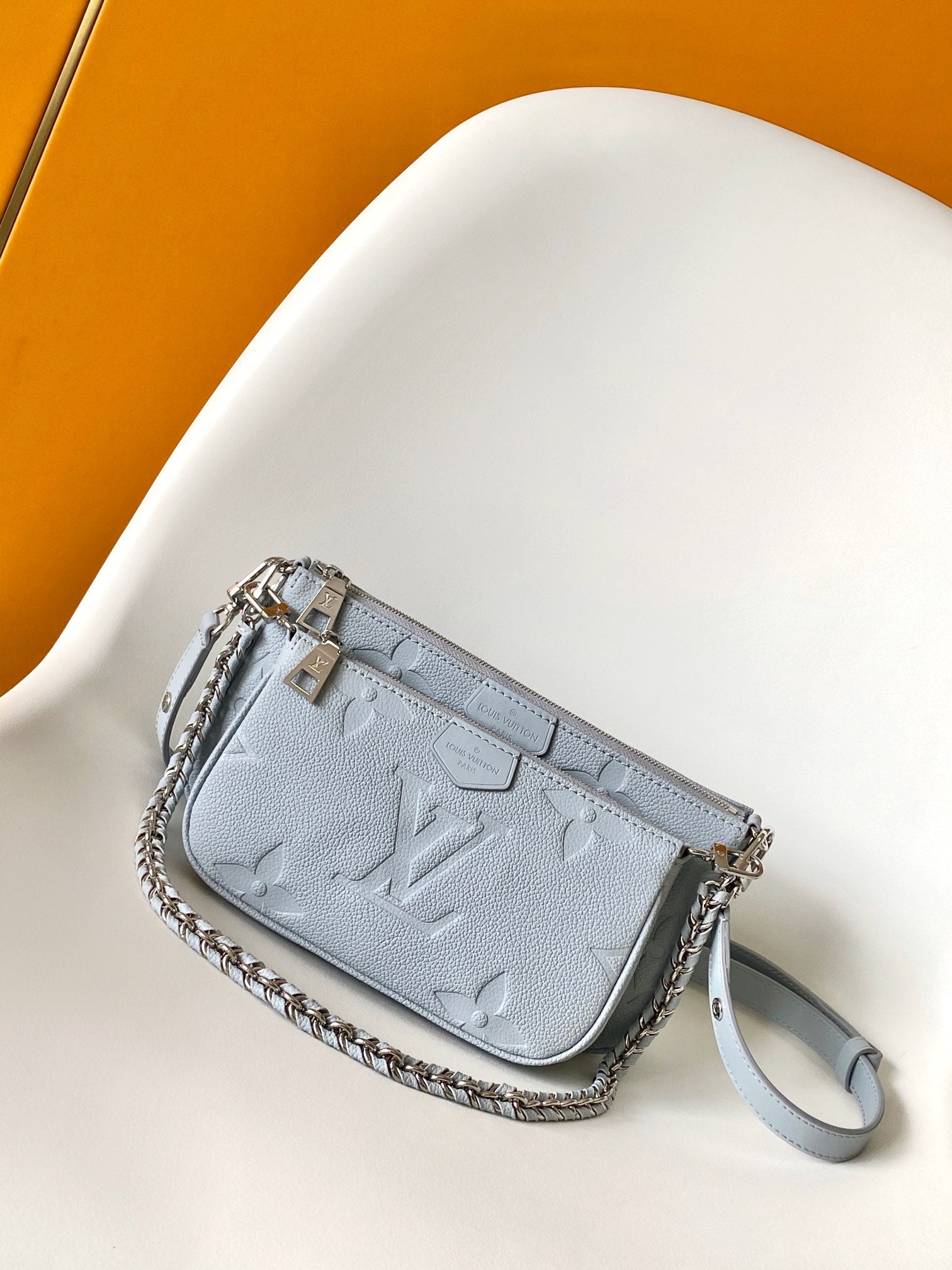 Louis Vuitton Light Blue Embossed Monogram Leather Crossbody Bag with Chain Strap