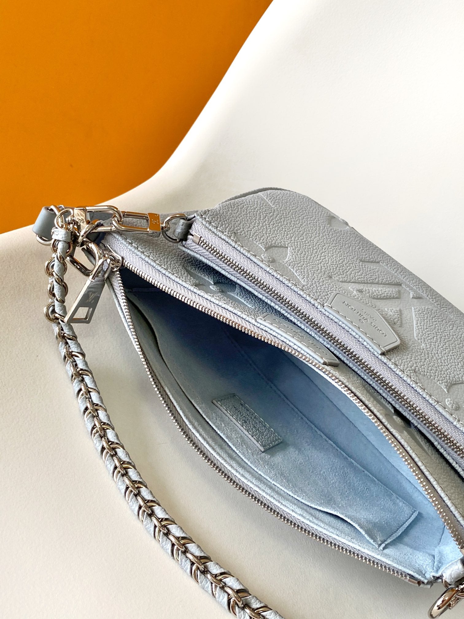 Louis Vuitton Light Blue Embossed Monogram Leather Crossbody Bag with Chain Strap