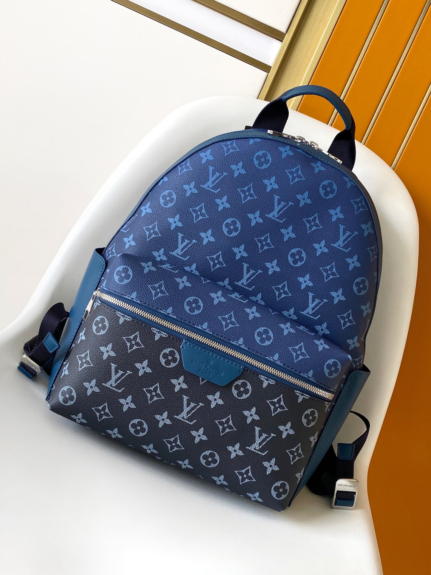Louis Vuitton Two-Tone Blue Monogram Leather Backpack with Zipper Pocket