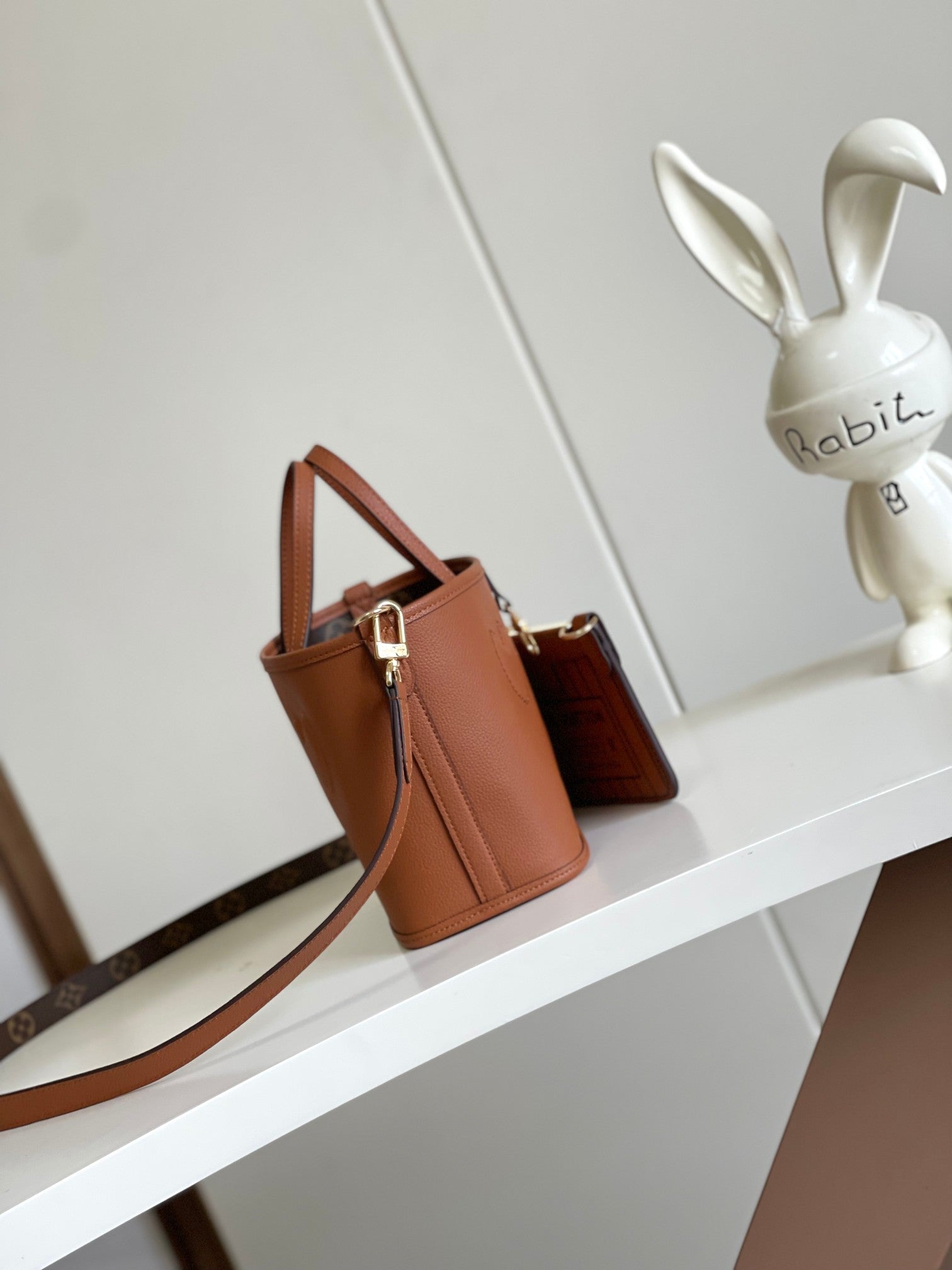 Brown Heart Embossed Bucket Handbag with Crossbody Strap and Cardholder