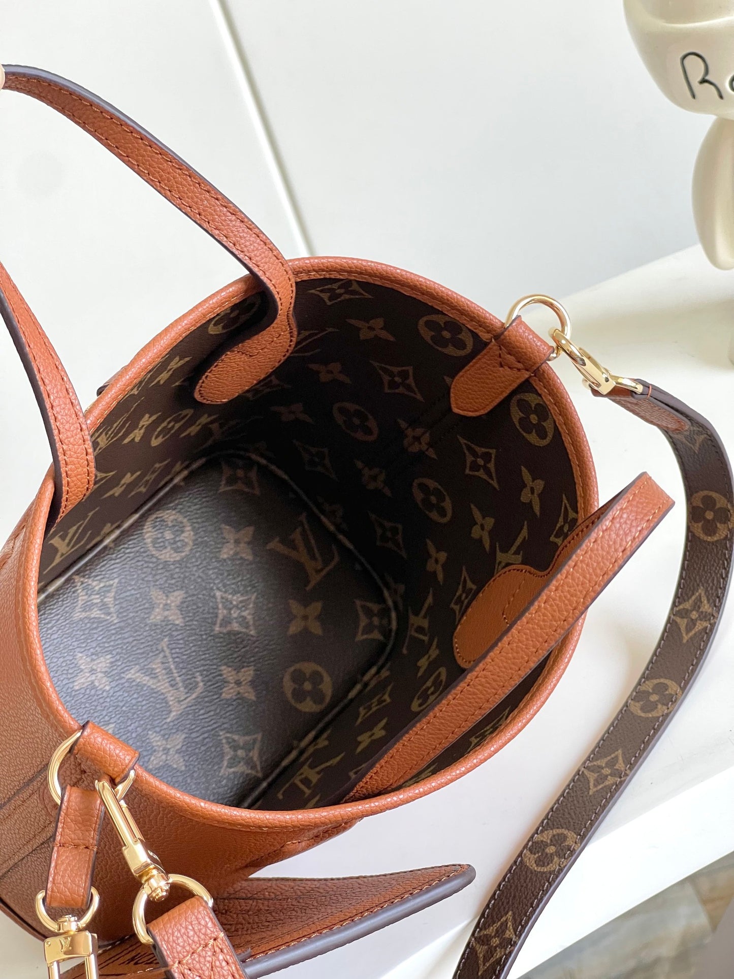 Brown Heart Embossed Bucket Handbag with Crossbody Strap and Cardholder