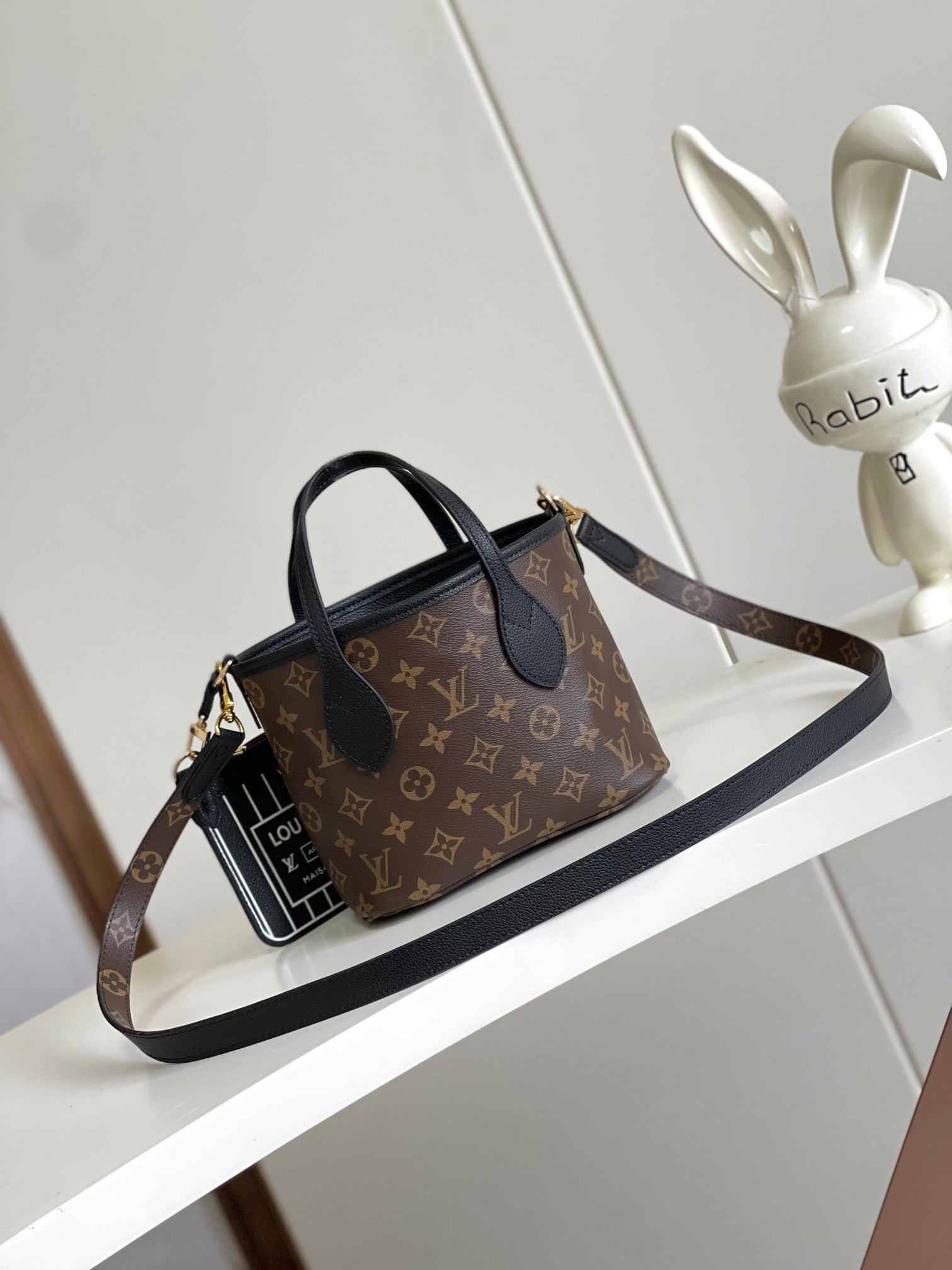 Louis Vuitton Black Leather Small Tote Handbag with Monogram Shoulder Strap
