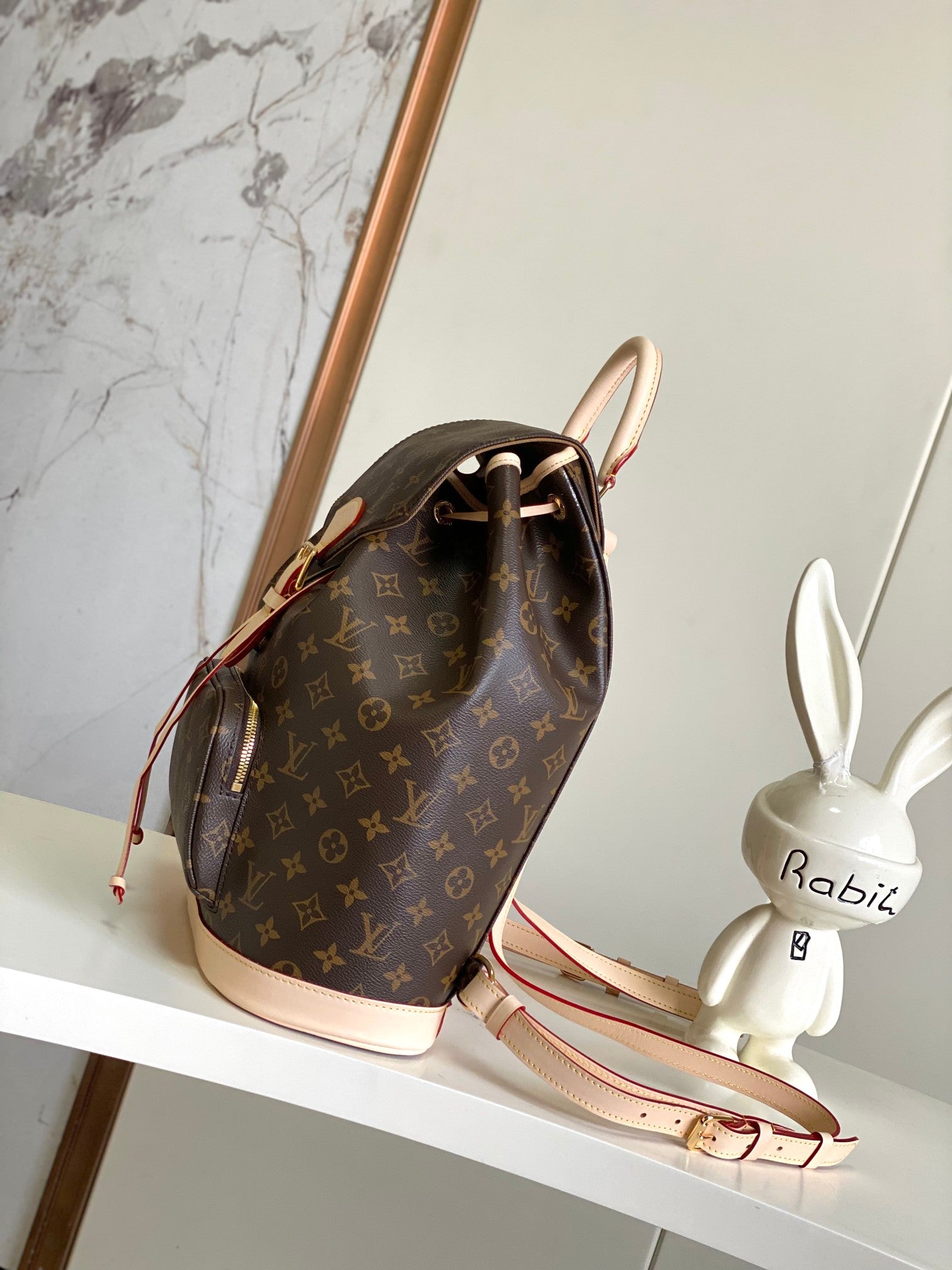 Louis Vuitton Classic Brown Monogram Drawstring Backpack with Leather Trim