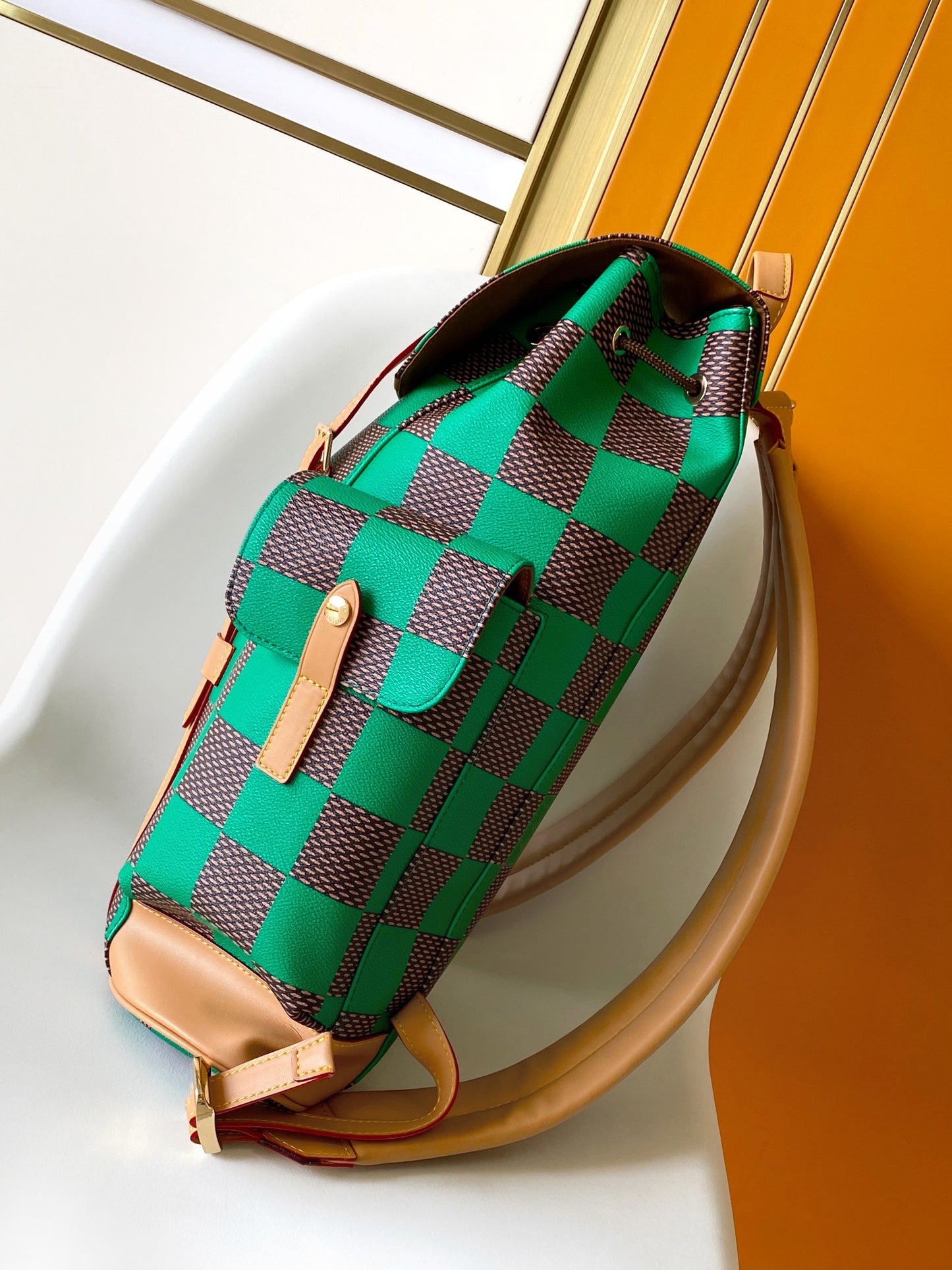Louis Vuitton Checkered Green and Brown Rucksack Backpack with Leather Straps