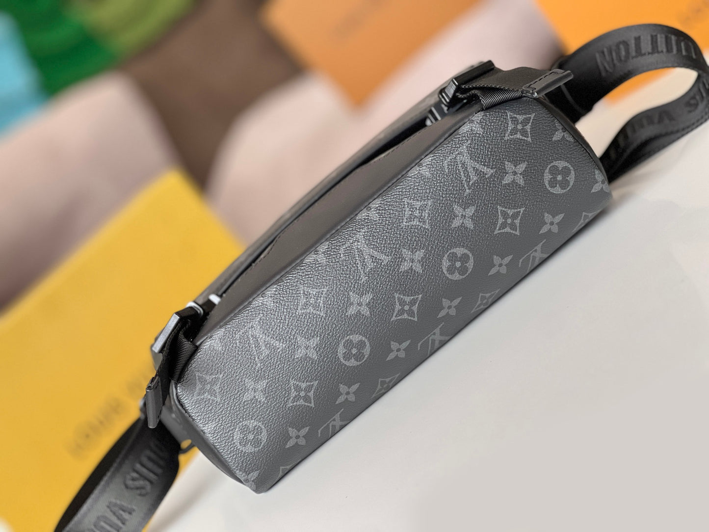 Louis Vuitton Black Monogram Pattern Crossbody Messenger Bag with Buckles