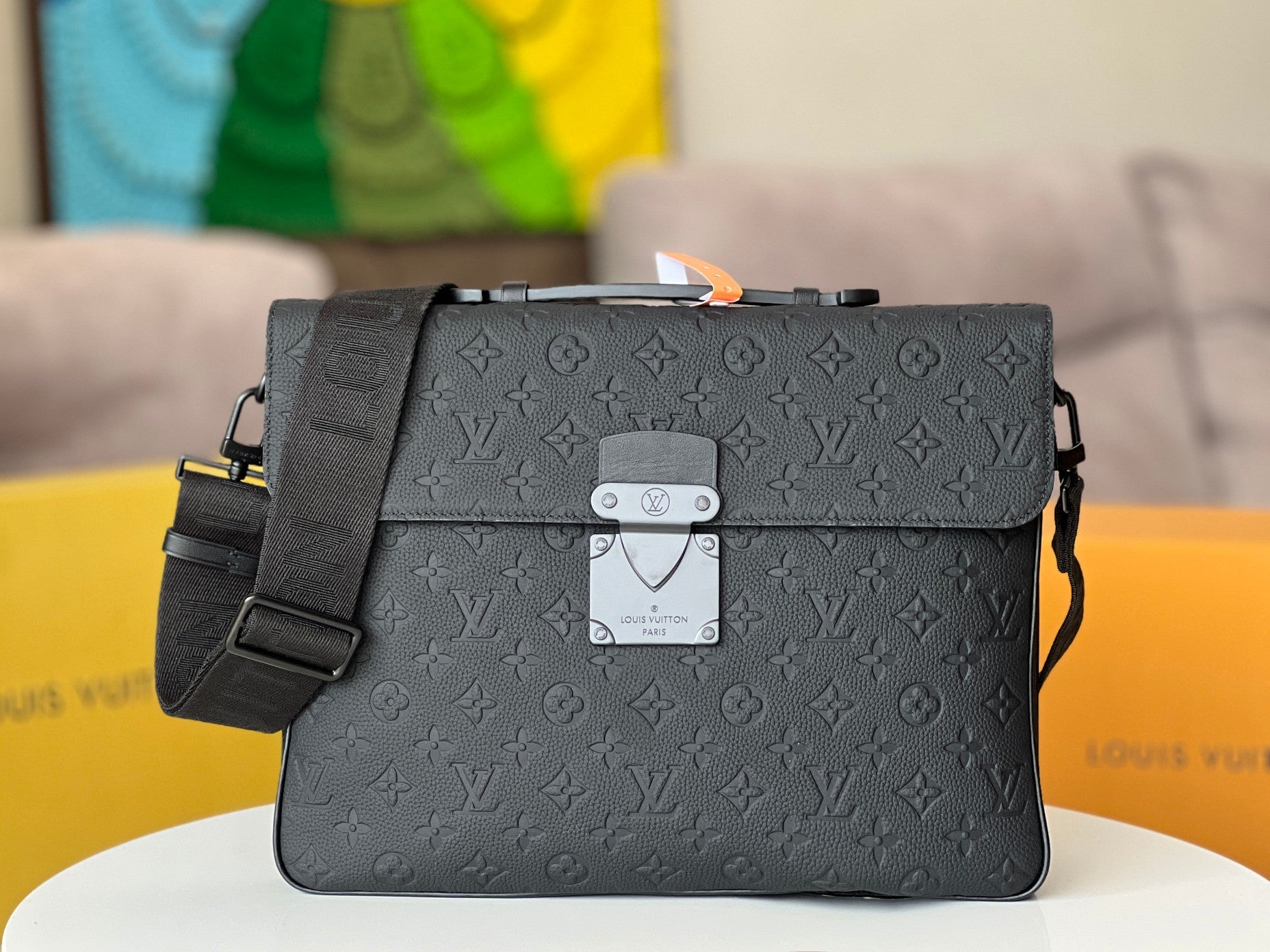 Louis Vuitton Matte Black Embossed Leather Briefcase and Messenger Bag