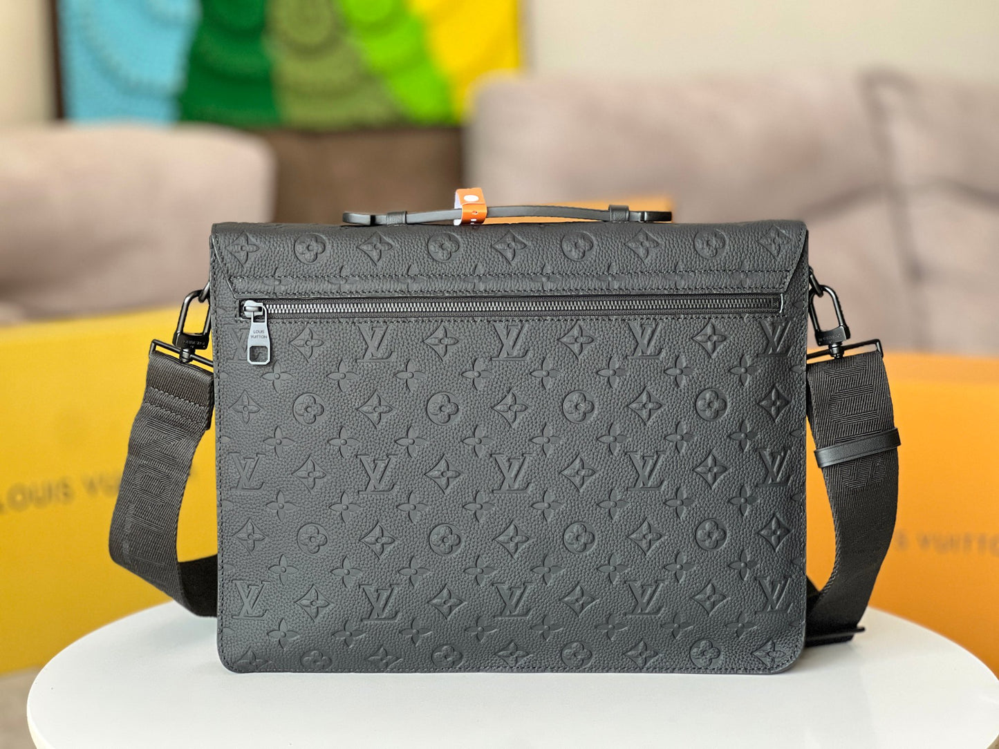 Louis Vuitton Matte Black Embossed Leather Briefcase and Messenger Bag