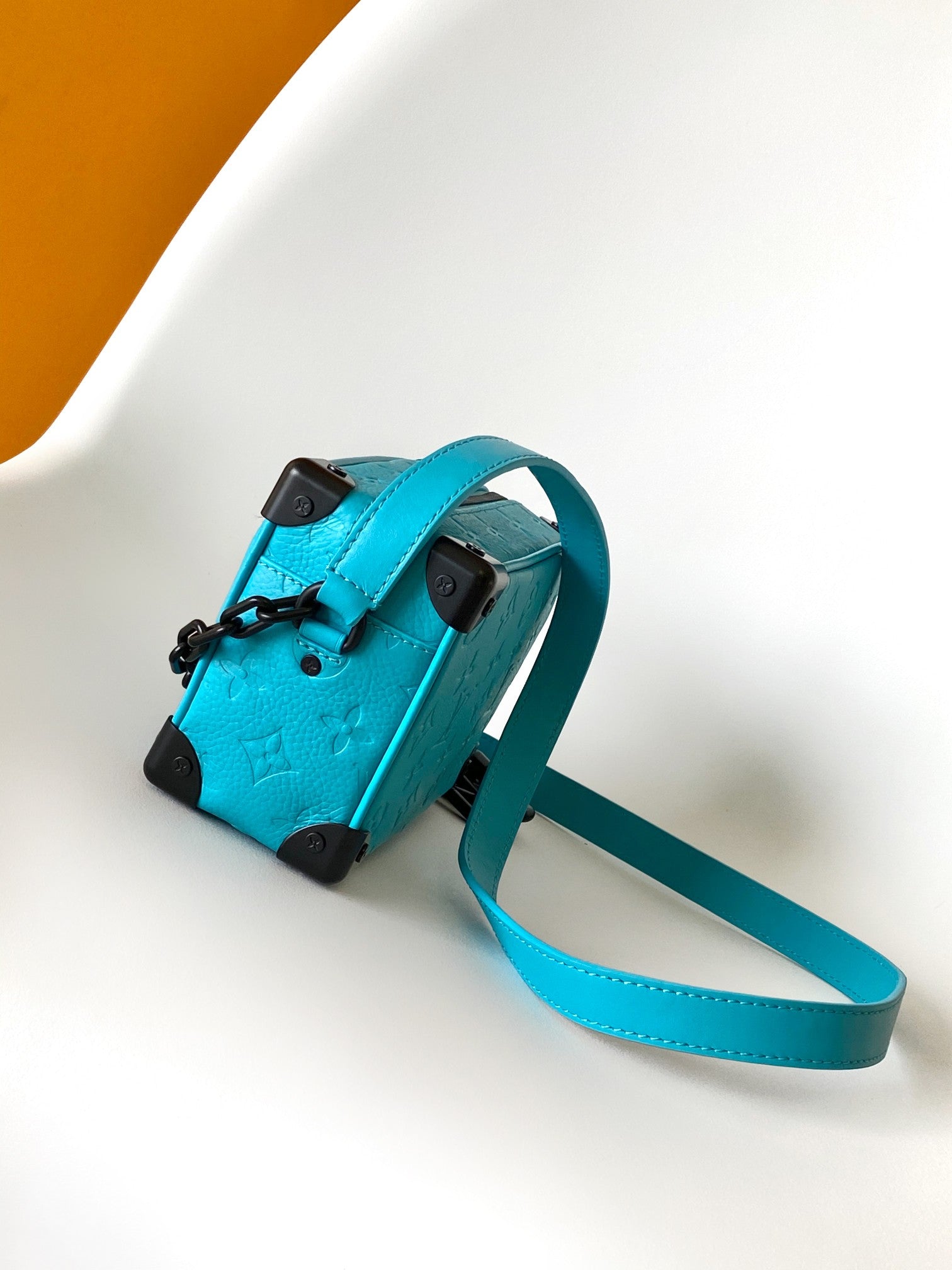 Louis Vuitton Turquoise Blue Embossed Trunk Shoulder Bag with Black Chain Accent