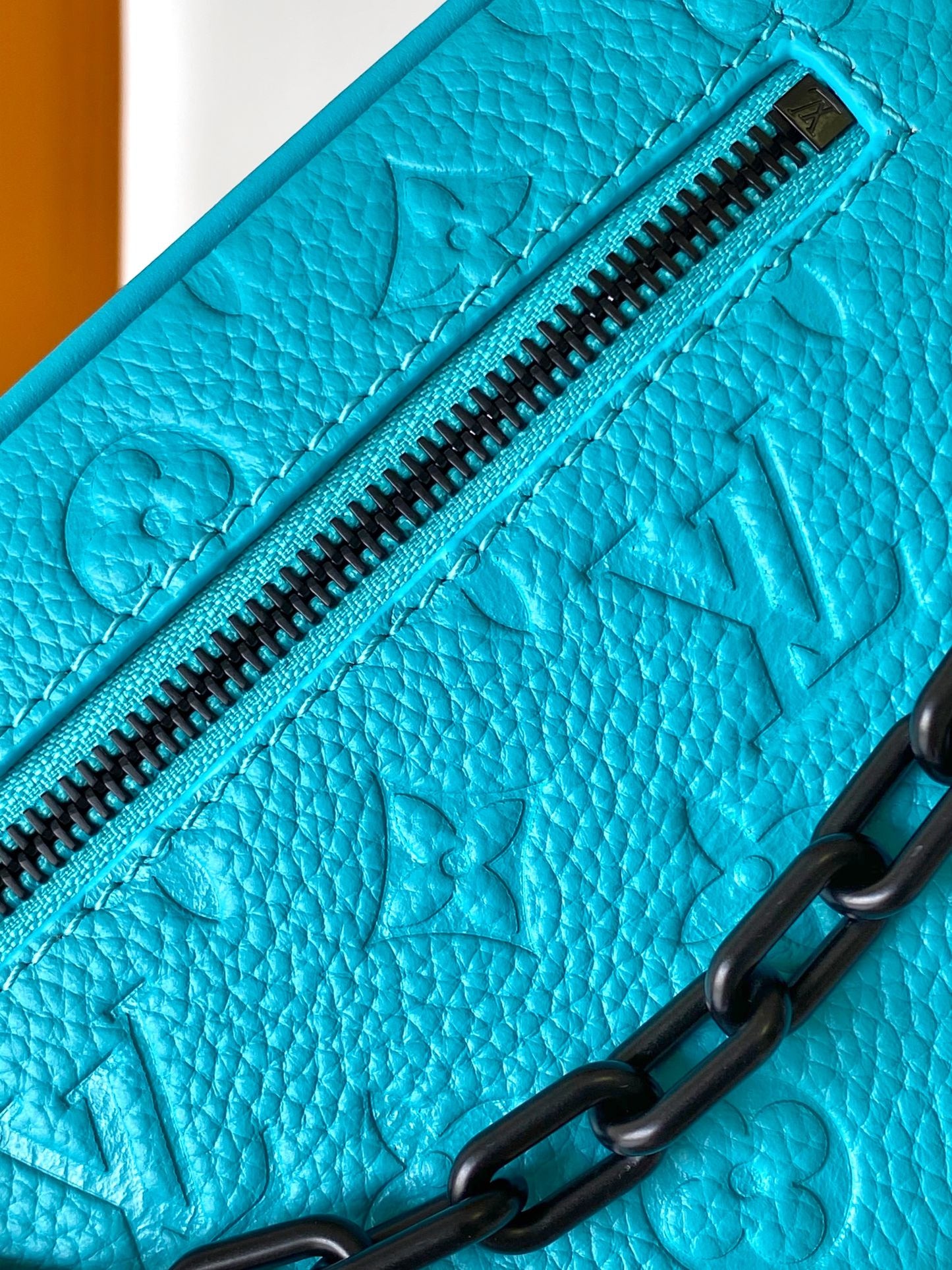 Louis Vuitton Turquoise Blue Embossed Trunk Shoulder Bag with Black Chain Accent