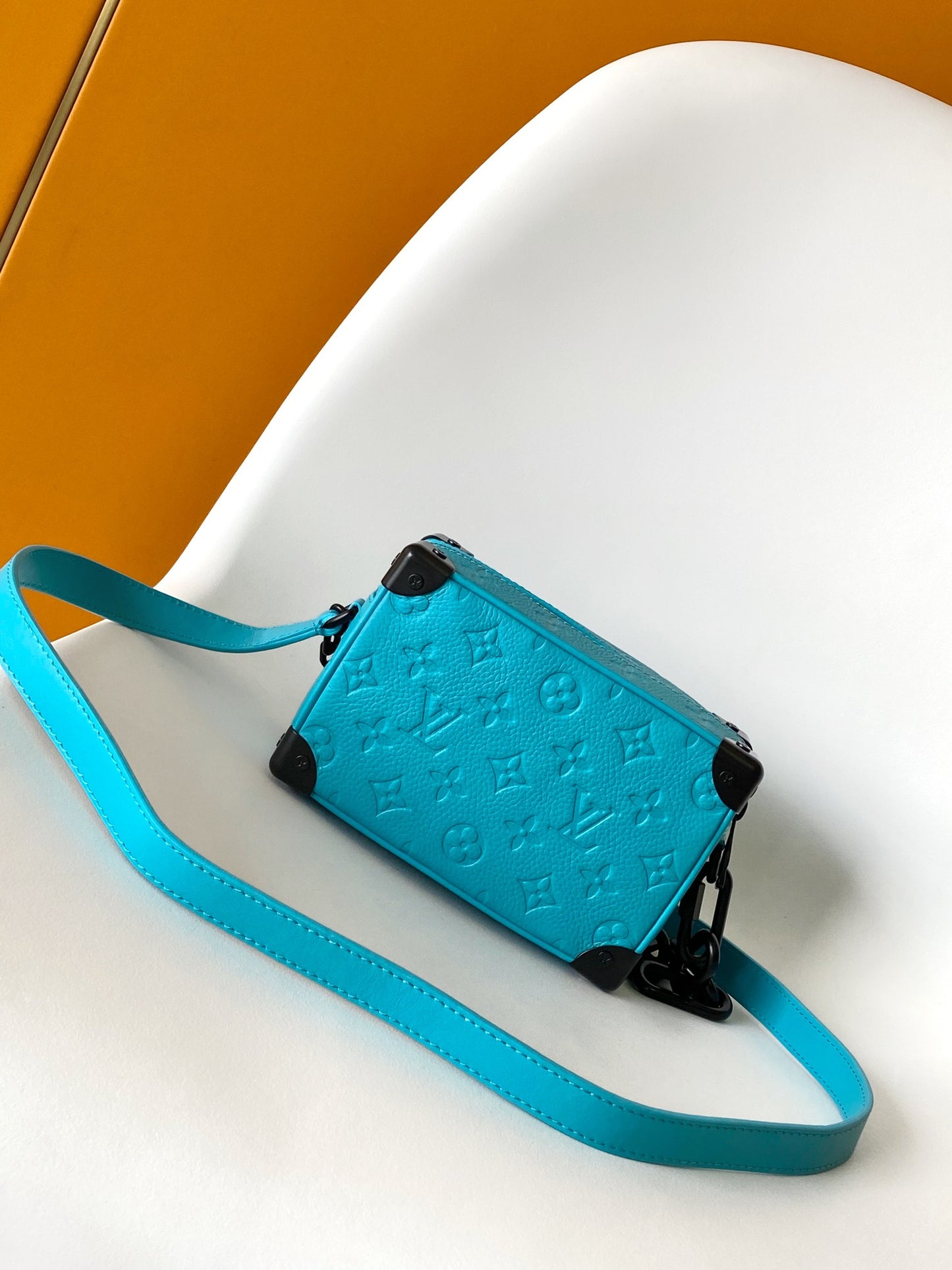 Louis Vuitton Turquoise Blue Embossed Trunk Shoulder Bag with Black Chain Accent