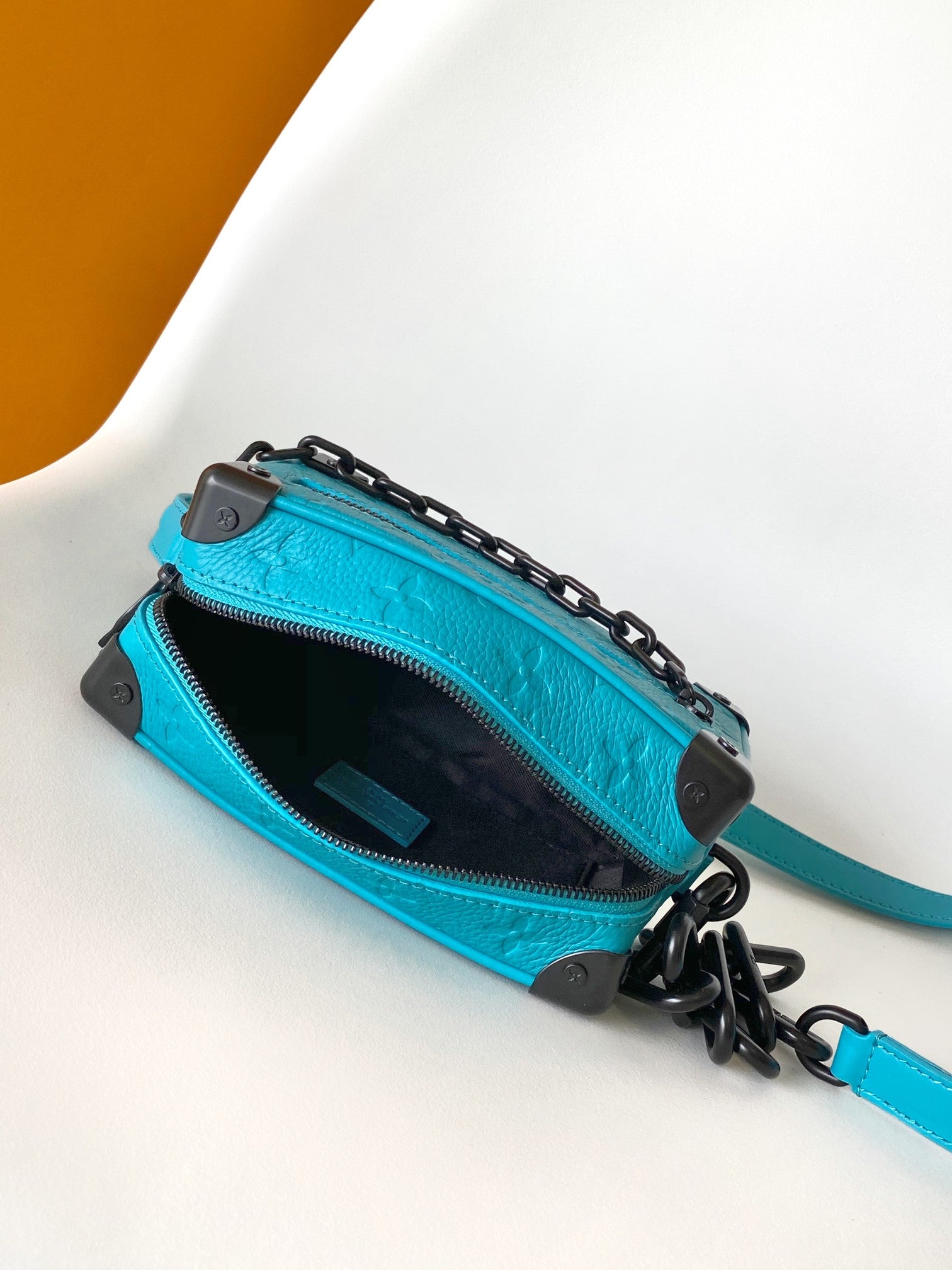 Louis Vuitton Turquoise Blue Embossed Trunk Shoulder Bag with Black Chain Accent
