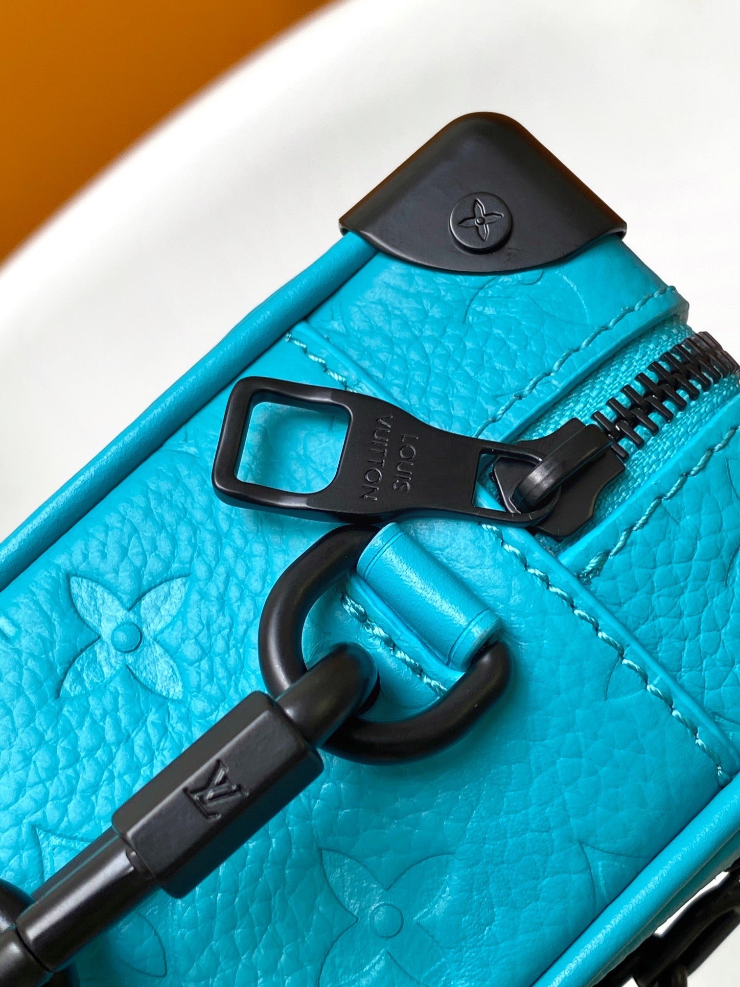 Louis Vuitton Turquoise Blue Embossed Trunk Shoulder Bag with Black Chain Accent