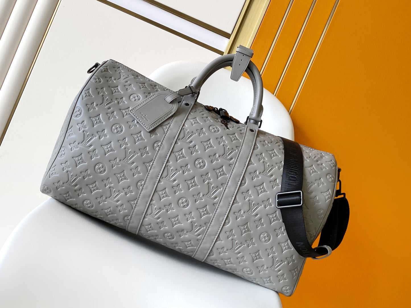 Louis Vuitton Luxury Grey Monogram Embossed Leather Weekender Duffle Bag