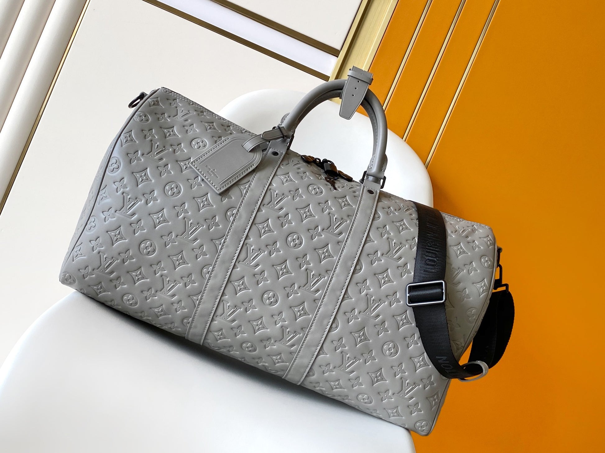 Louis Vuitton Luxury Grey Monogram Embossed Leather Weekender Duffle Bag